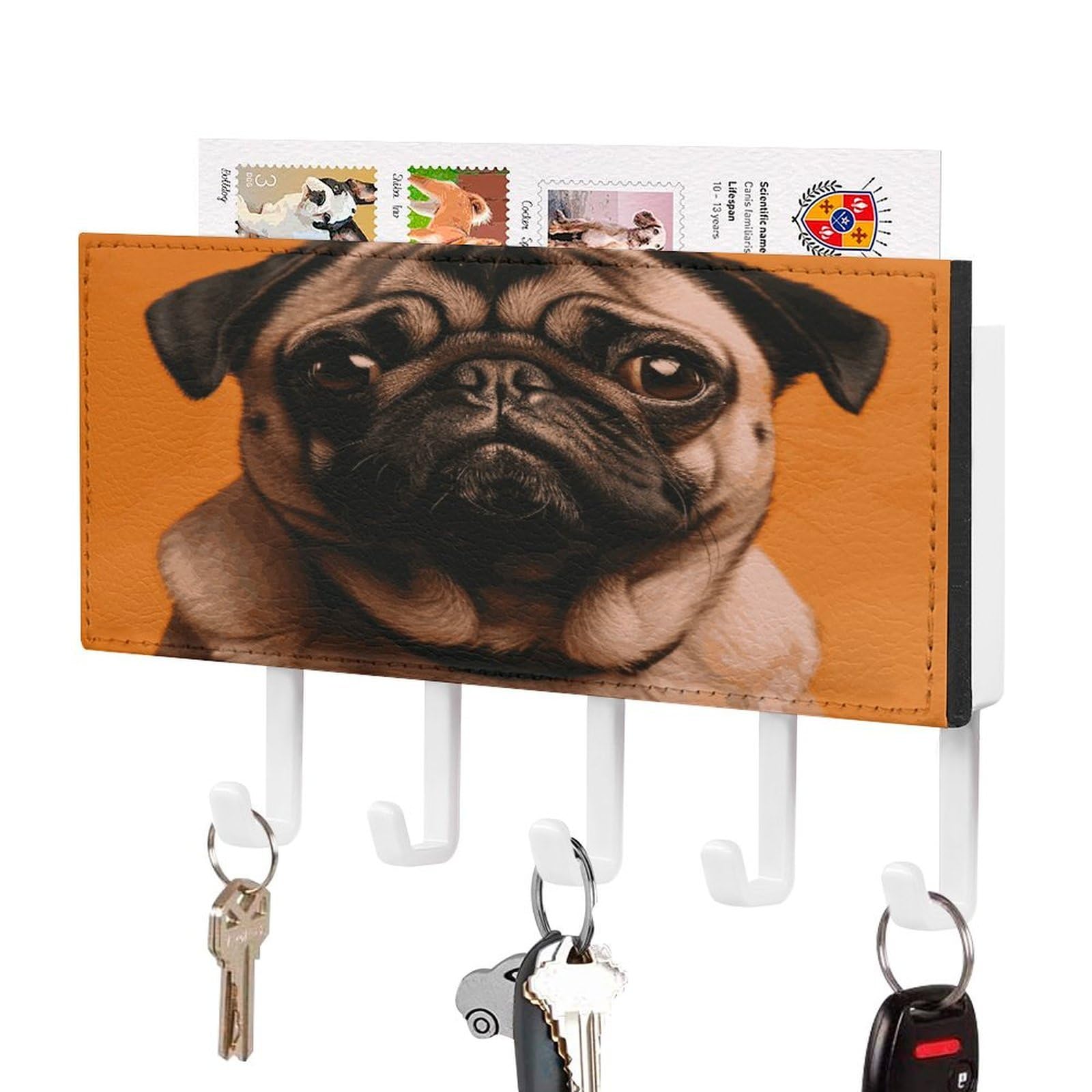 Vstadank White-Style A Pug Key Holder For Wall Mount With 5 Hooks Decorative Key And Mail Holder Farmhouse Wall Hooks With Shelf Pu Leather Key Rack With Mail Holders For Entryway Home