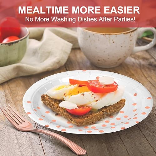 Miniatura 4 de Platos y tenedores de papel blanco y oro rosa, suministros de fiesta, 25 platos de postre de 7 pulgadas y 25 tenedores de plástico de 7.3 pulgadas,