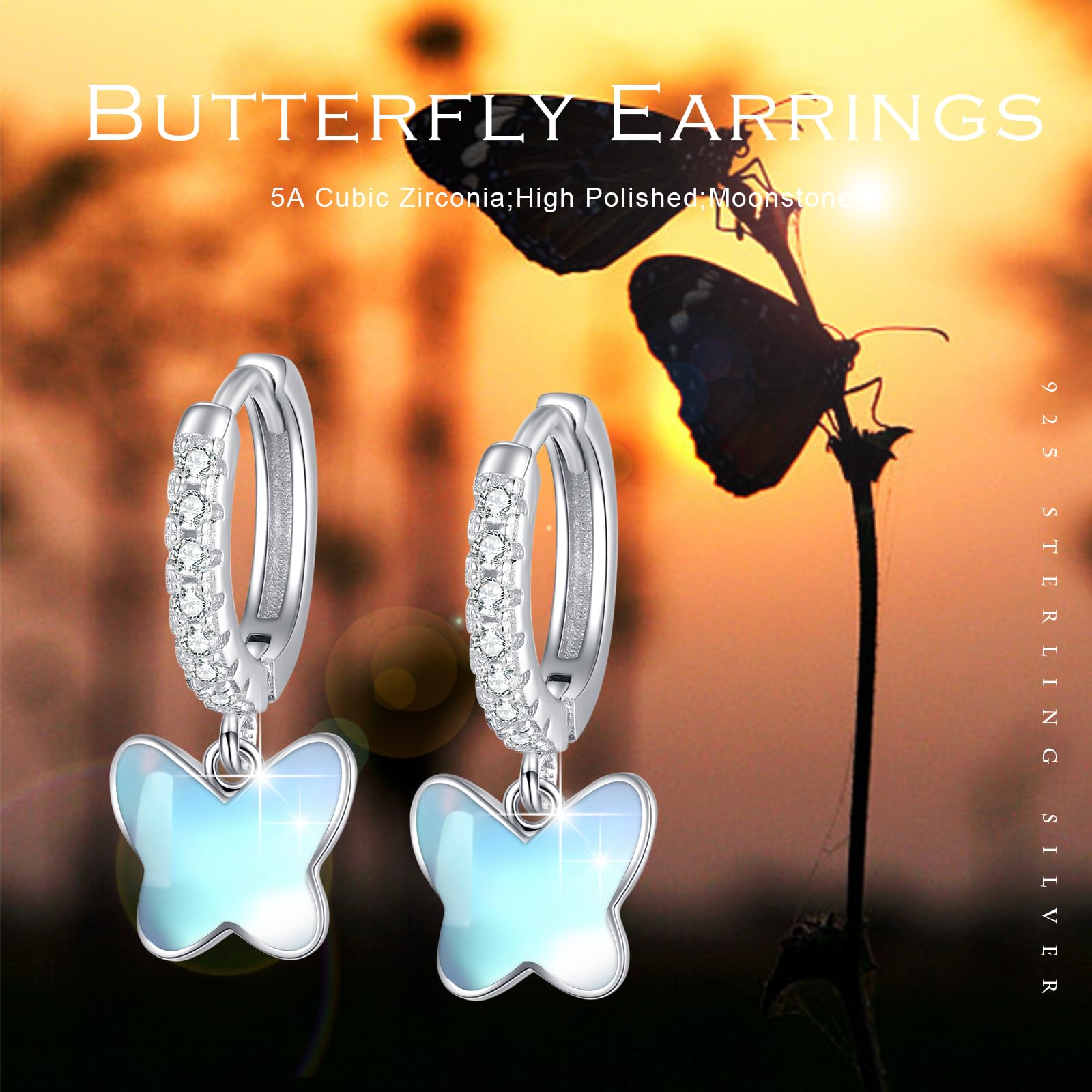 REDSUN S925 - Orecchini a cerchio in argento Sterling con farfalla, per bambine e bambini, colore: blu/rosa/viola/cristallo di opale, con zirconi e farfalla, per donne e bambini, 13 mm, Argento