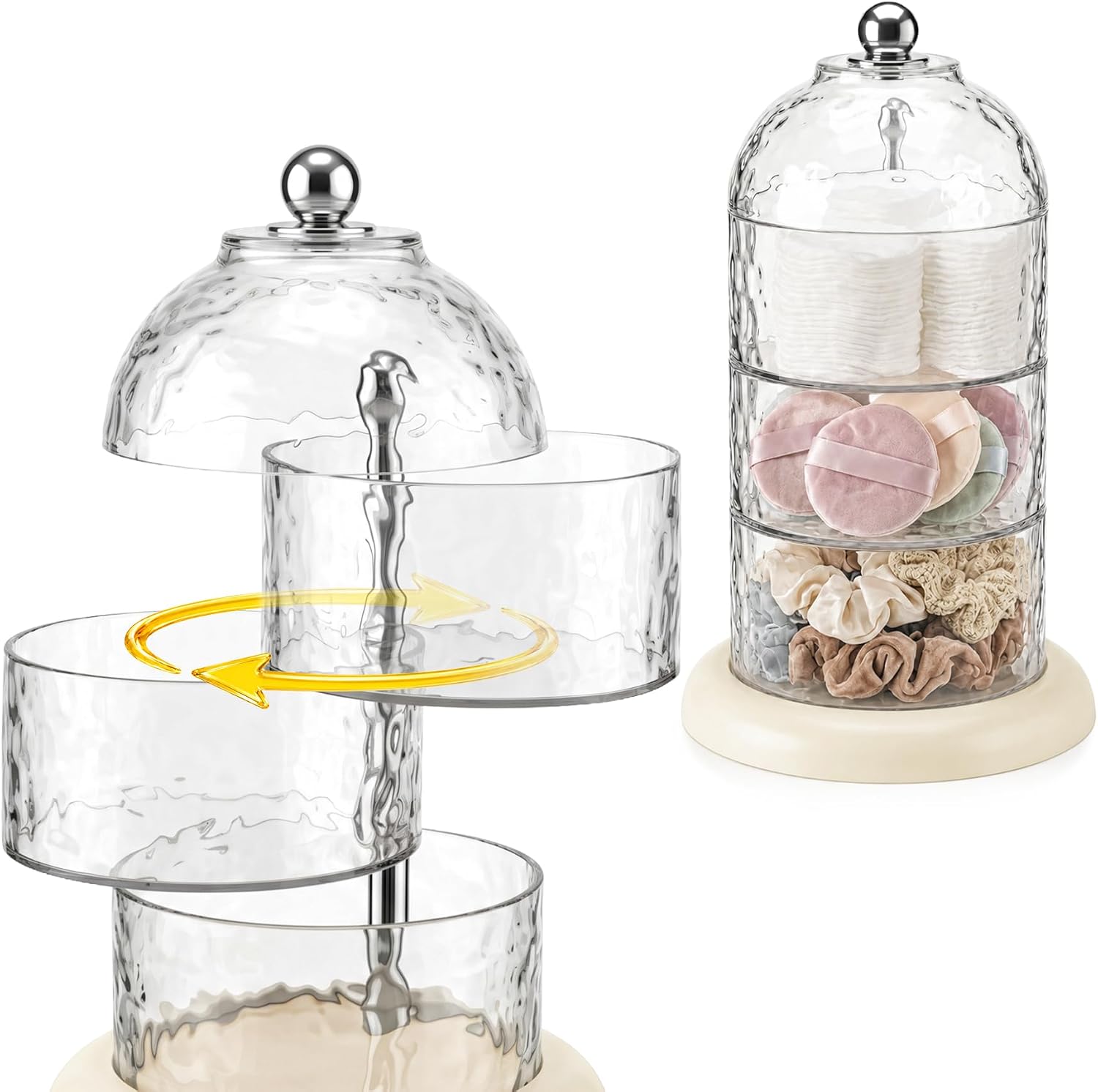 Hair Accessories Organizer, 360°Rotating Cosmetic Display Case, Bathroom Vanity Countertop Clear Cosmetic Storage and Organizer for Beauty Blender Sponge Hair Ties Clips (Cream)