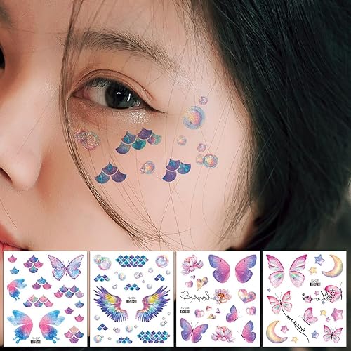 Miniatura 4 de 14 hojas de tatuajes temporales de mariposa con purpurina para decoración de maquillaje de ojos, rostros, calcomanías de tatuaje de arte corporal,