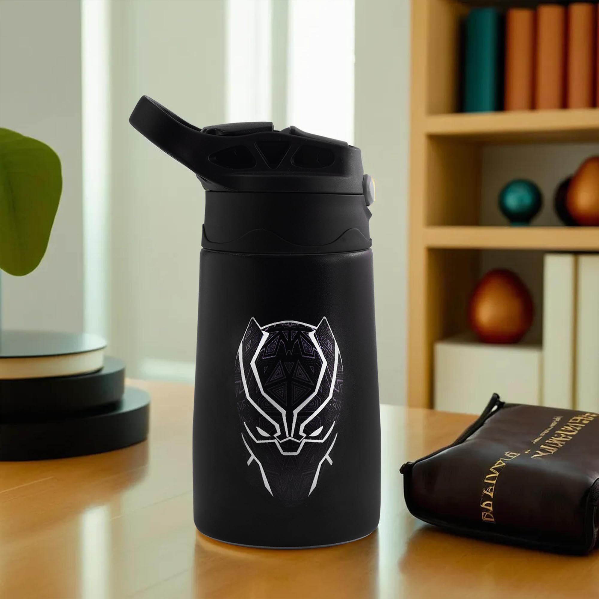 Kuber Industries Stainless Steel Kids Water Bottle | Black Panther Kids Water Bottle | 350 ml Insulated Water Bottle | Water Bottle with Push-Button Flip Lid | Water Bottle For School | Black