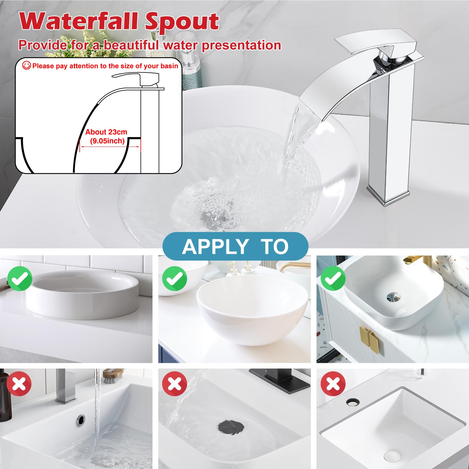 Midanya Rubinetto da bagno con beccuccio a cascata, maniglia singola, 1 foro, rubinetto per lavabo da bagno, moderno per camper, lavabo con tubo dell'acqua, senza scarico, corpo alto, cromato lucido
