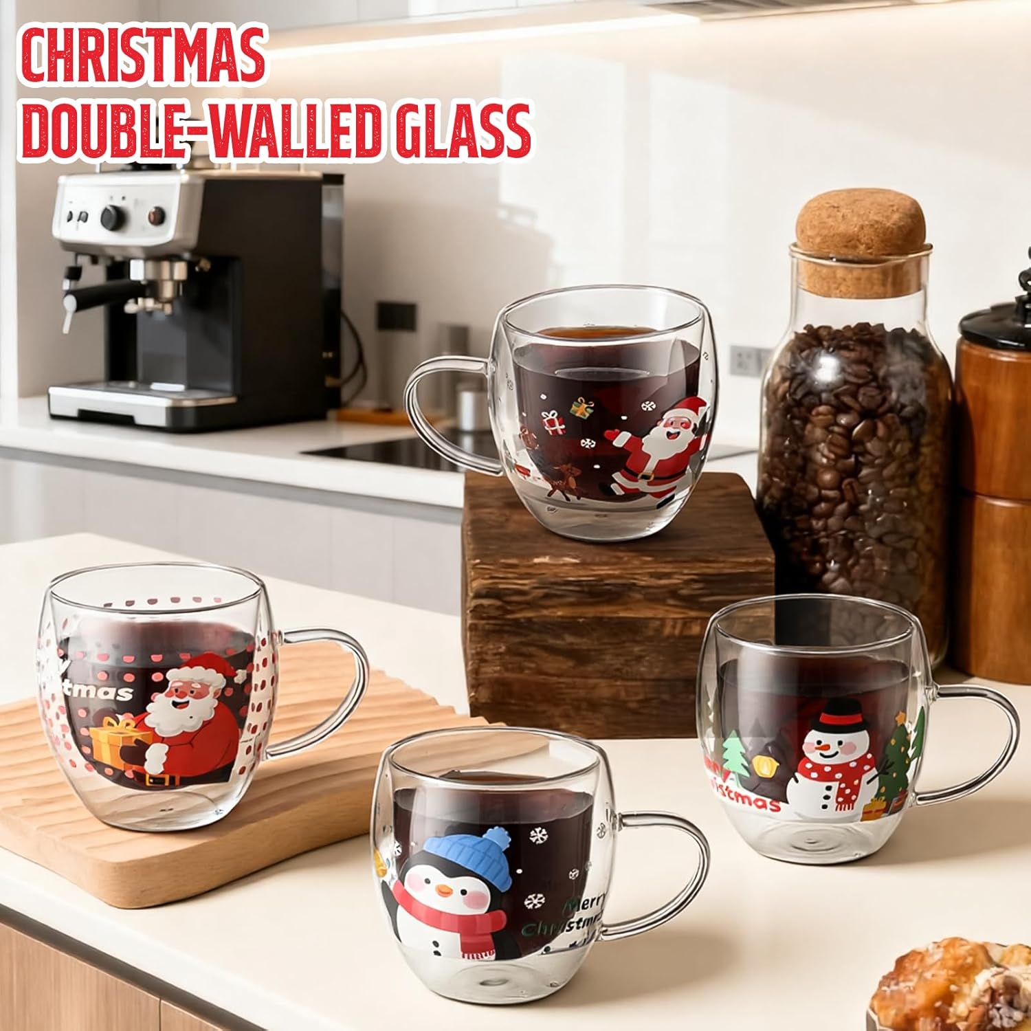 4 Pcs Christmas Double Walled Mug with Lid Borosilicate Christmas Mug Set 8.5 oz Double Walled Insulated Glass Cups with Handle Cute Glasses Birthday Gift for Hot Cold Drinks Milk Cocoa