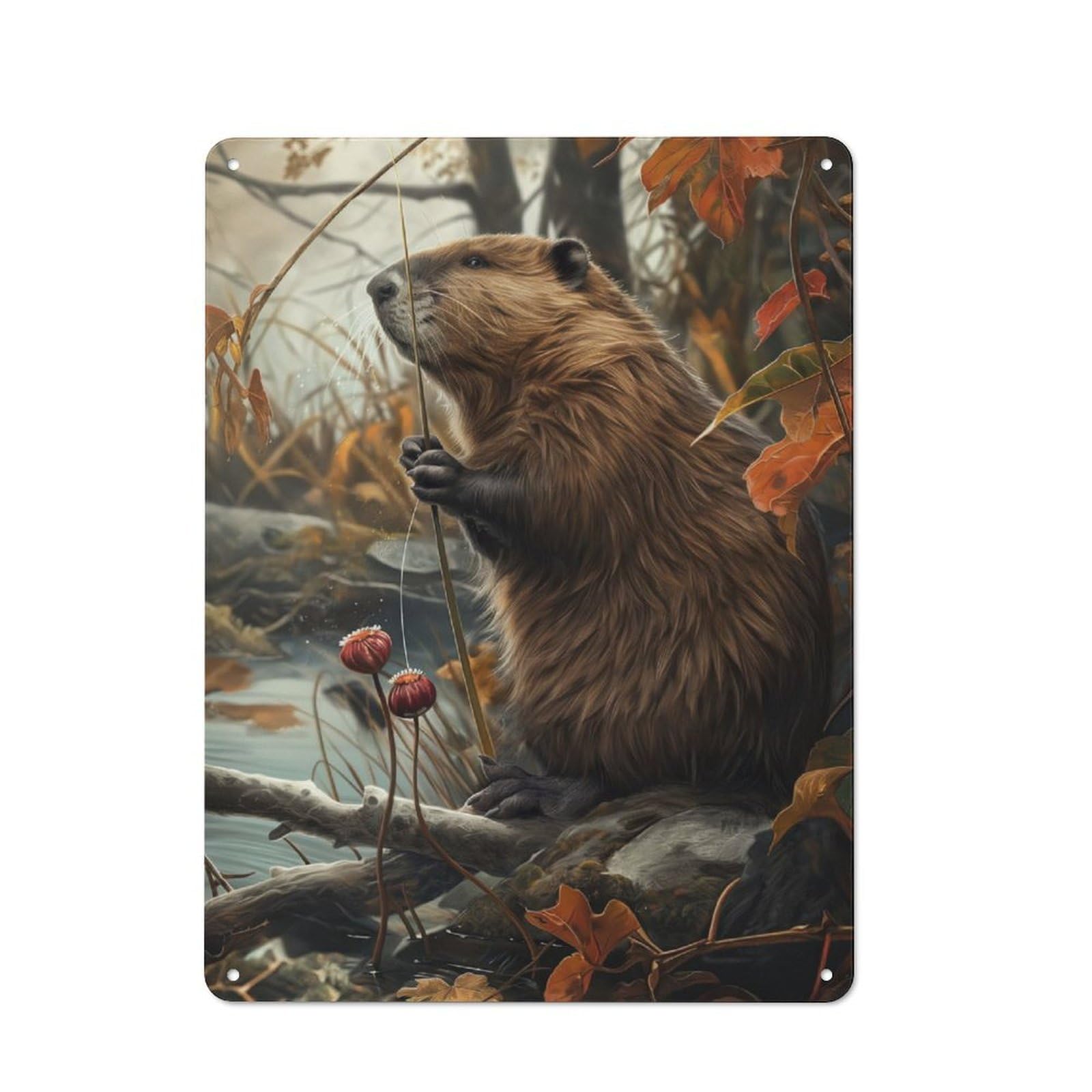 Shed Style Decorative Metal Plaque 40x30cm Featuring Funny Beaver Catching Fish, Porch Wall Decor for Patio Bar, Workshop, Shed Or Kitchen