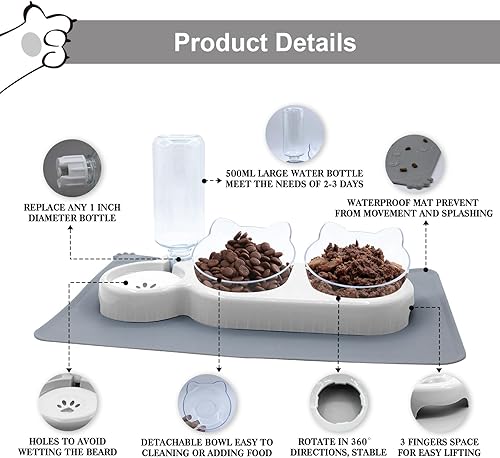 Miniatura 3 de Tazones triples para gatos con dispensador de agua, juego de cuencos para agua y alimentos aptos para bigotes para mascotas con alfombrilla