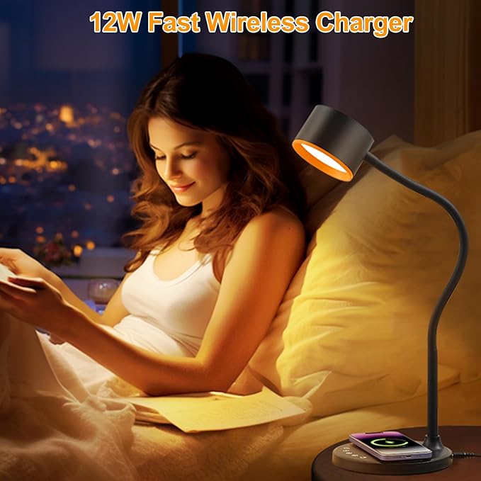 LiFMIRA LED Desk Lamp with Wireless Charger, USB C + A Charging Ports, Eye-Caring Metal Bedside Lamp, 5 Colors Stepless Dimmable Reading Lamp, Touch Table Lamp Gooseneck Lamp for Home Office Dorm Black photo 3