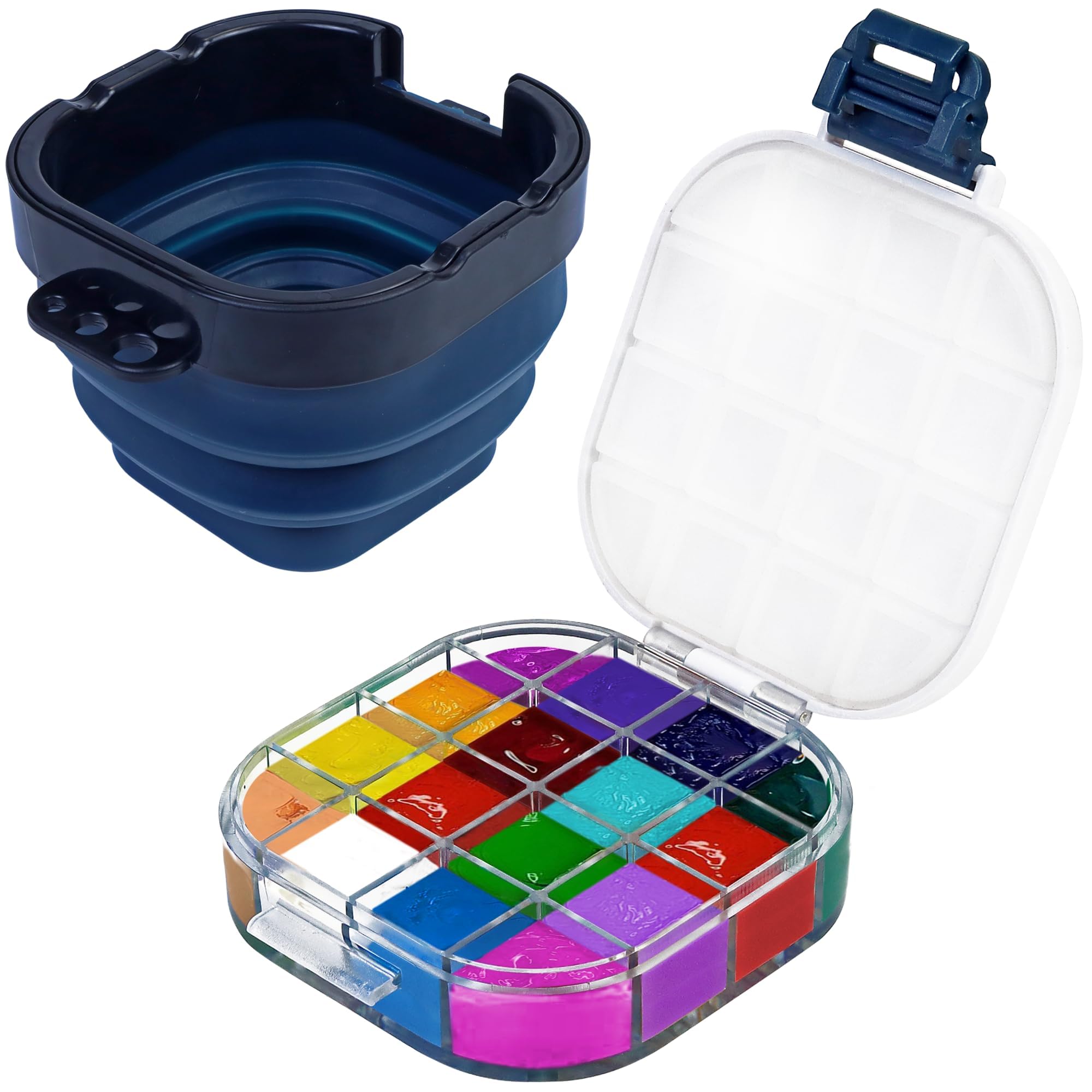 NALACAL Airtight Paint Saver Storage Palette Box, 16-Well With Lid, Brush Basin, Artist Cleaner Cup - for Gouache, Acrylic, Watercolor and Oil (Blue)