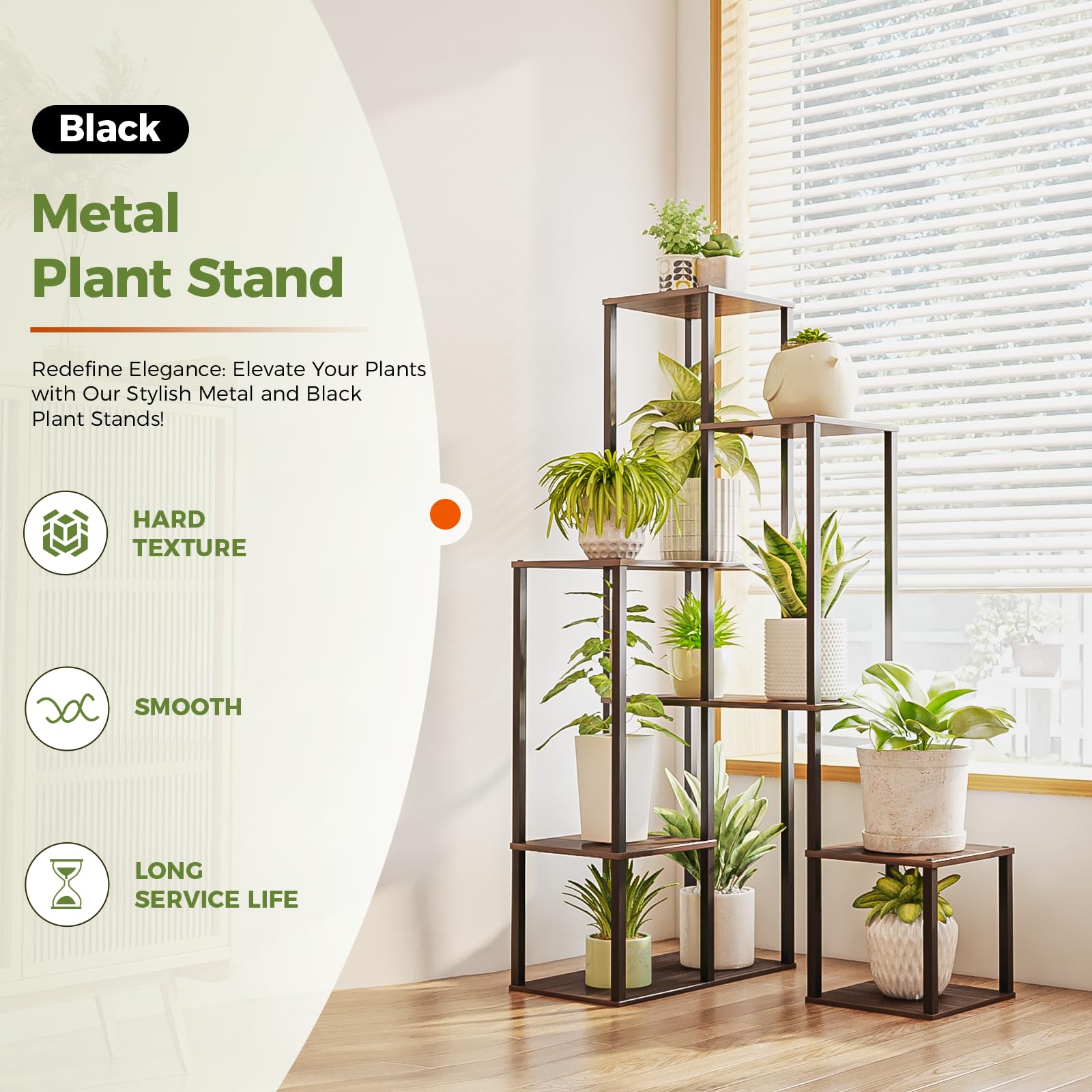 Bamworld Indoor tall plant stand, 6 tiers, metal plant shelves, black plant holder, large plant rack for multiple plants in pots, suitable for patio, garden, corner, balcony and