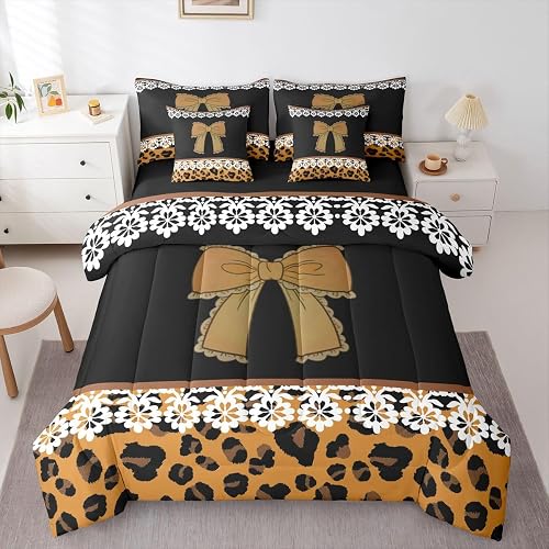 Feelyou Cartoon Bowknot Comforter Set with Sheets 7 Piece Full Size Cute Cheetah