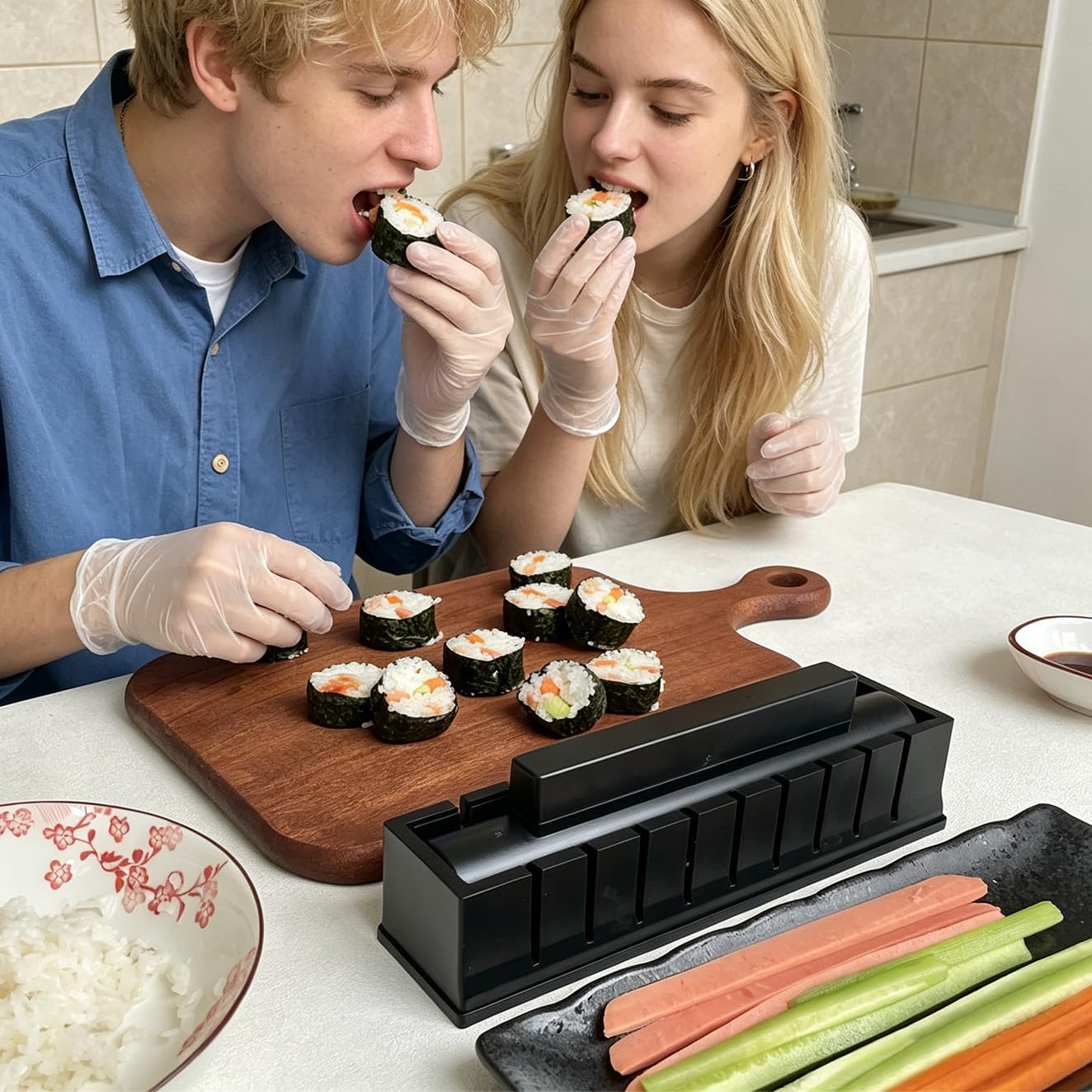 Sushi Maker Kit, DIY Sushi Mold Set for Round Rolls, Black | Includes Rice Spoon and Chopsticks, Beginner-Friendly for Homemade Japanese Meals, Family Cooking, Bento Lunches and Parties