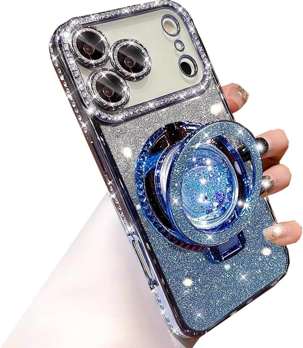Glitter Kickstand Case for iPhone 17 Pro Max,Cute Bling Sparkly Diamond Rhinestones with Camera Lens Protector Liquid Flowing Ring Stand TPU Bumper Women Girls Case for iPhone 17 Pro Max,Blue