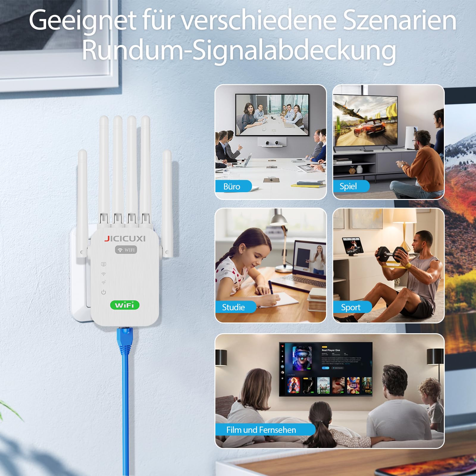 Amplificateur Wi-Fi, répéteur WiFi avec 6 antennes, répéteur WiFi pour 5000 m² de couverture et 50 appareils, connexion LAN, mode point d'accès, amplificateur W LAN pour prise de courant, pour la