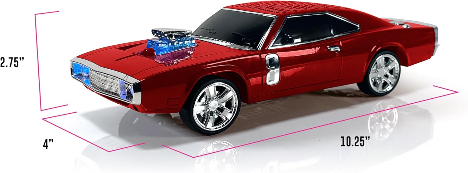 QFX Bluetooth 1968 Retro Muscle Car Replica Speaker, Dual 2-inch Speakers, Hands Free Link, Built-in Microphone, FM Radio and LED Party Lights, Red - BT-1968-RED