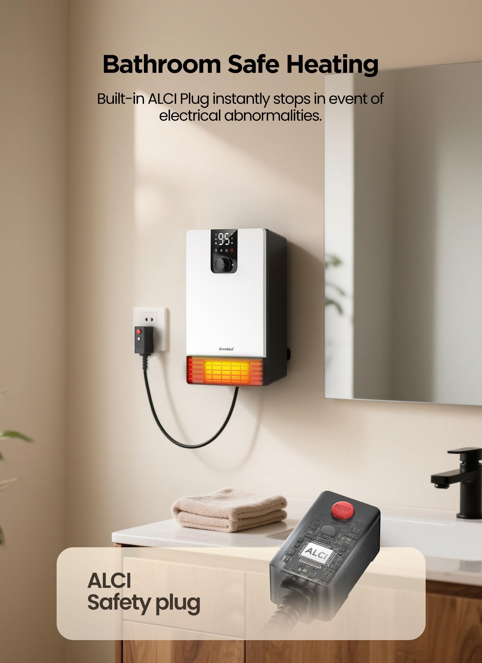 GiveBest - Grzejnik ścienny do łazienki, grzejnik elektryczny 1500 W z wtyczką ALCI, regulowany termostat, 3 tryby ogrzewania, 24-godzinny timer, łatwy montaż grzejnik do użytku