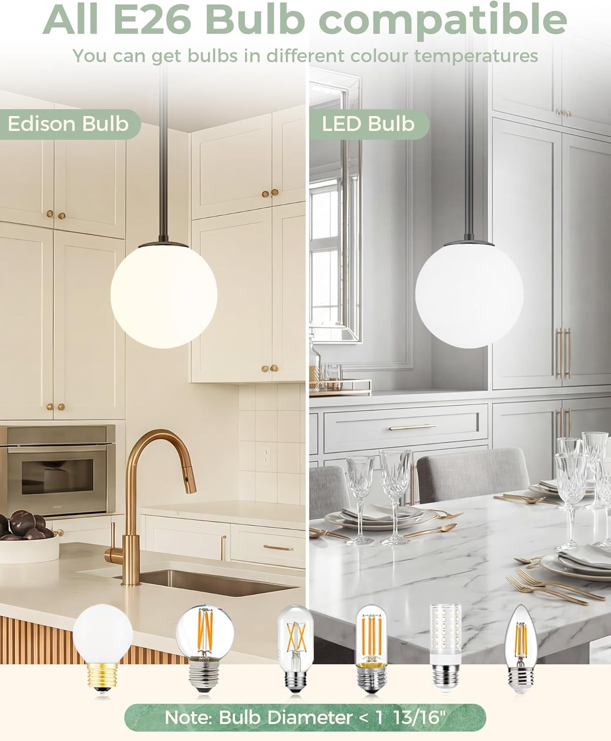 Majade Globe Pendant Lights Kitchen Island Mid Century Modern Pendant Light Fixtures 7.4 Inch Black Ceiling Lighting with Milk White Glass Shade Adjustable Hanging Light for Dining Room Living Room