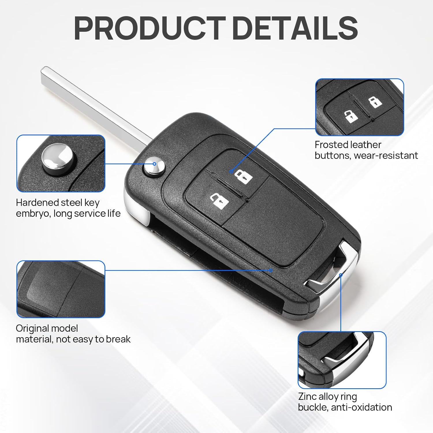 Close-up view highlighting key features like frosted buttons, hardened steel key embryo, and zinc alloy buckle.