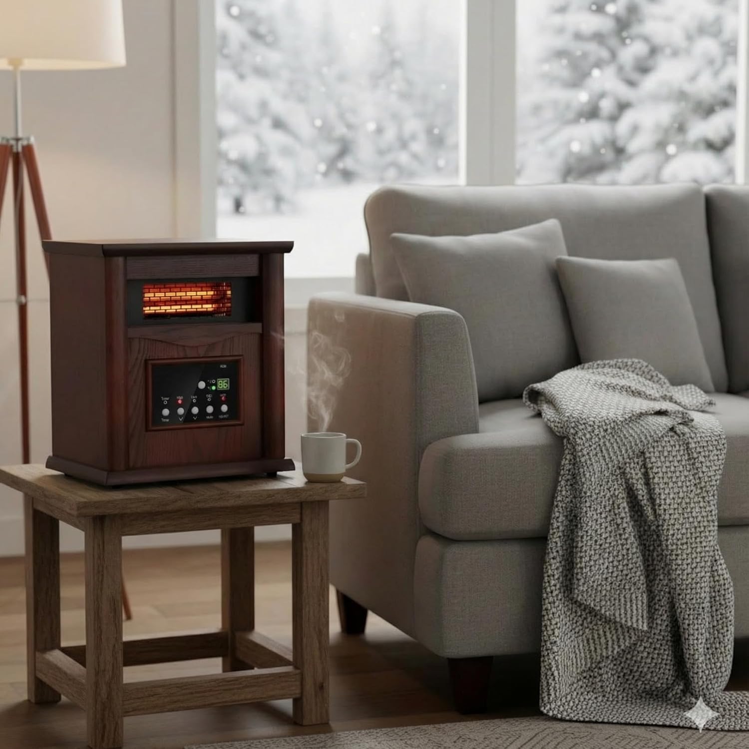 Nordic Hygge Portable Space Heater, 1500W Electric Infrared Heater for Indoor Use, Living Room, Bedroom, Office - Remote Control, 12H Timer, 3 Heat Settings, Overheat & Tip-Over Safety, Dark Walnut