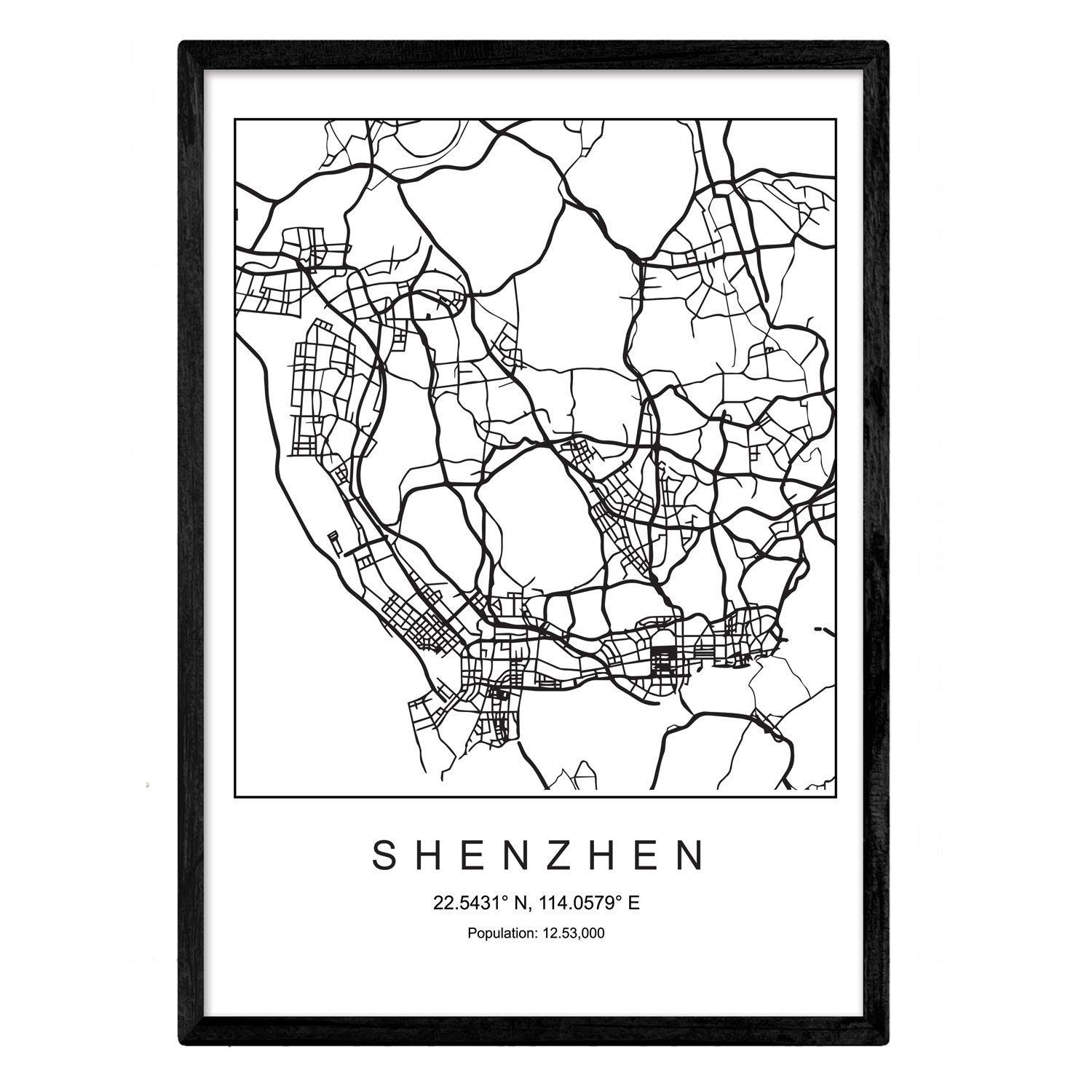 Nordic Style Black and White Shenzhen City Map Print. A3 size poster framed with black frame. Printed paper 250 gm. Pictures, prints and posters for living room and bedroom — image 1
