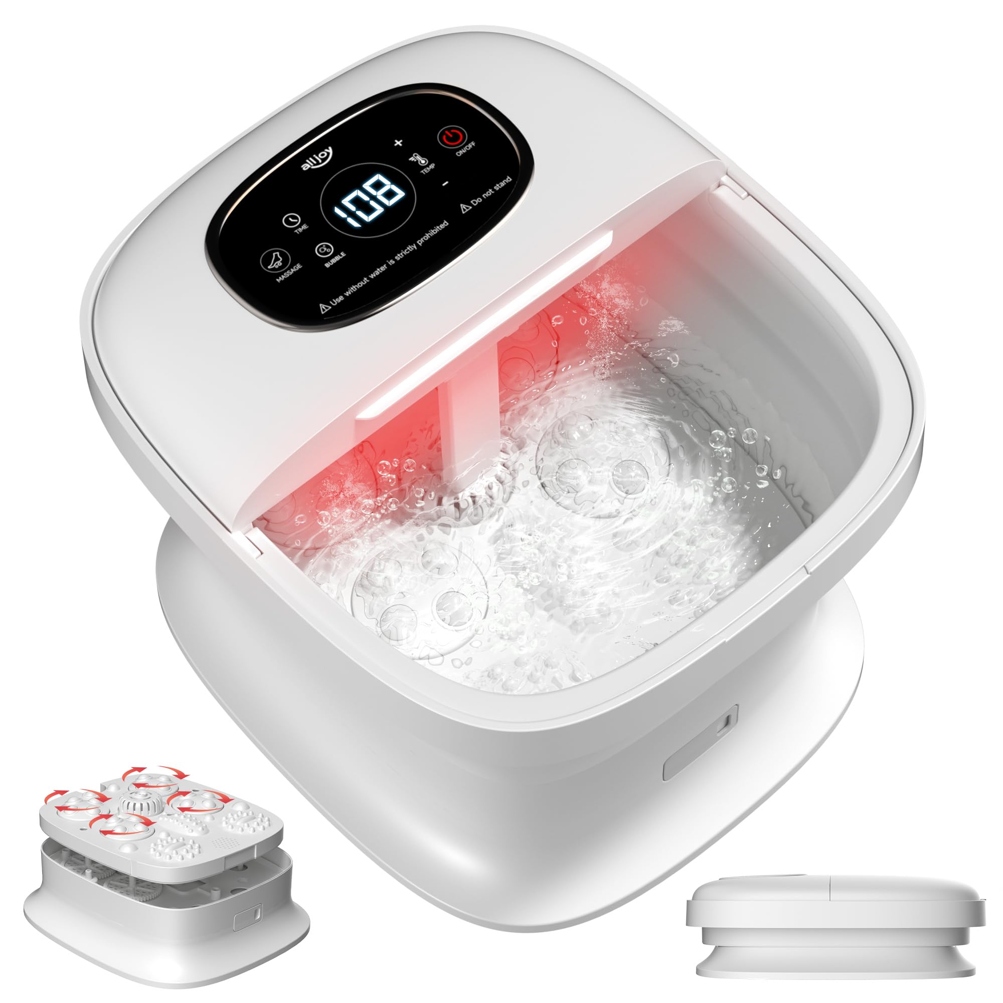 ALLJOY Thalasso Pieds Pliable avec Massage Automatique - Bain de Pieds Électrique avec 4 Rouleaux Motorisés, Bulles, Chauffage Rapide, Barre de Support Stable, Idéal jusqu'à Taille 46, Blanc