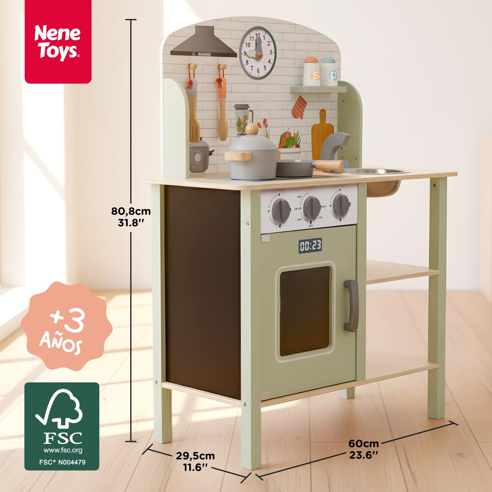 Nene Toys Cocina de Juguete de Madera – Cocinita con Fregadero, Horno y Fogones + 6 Accesorios – Juego de Imitación para Niños 3–5 Años – Mandos Giratorios, Bol Metálico, Resistente y Fácil de Montar