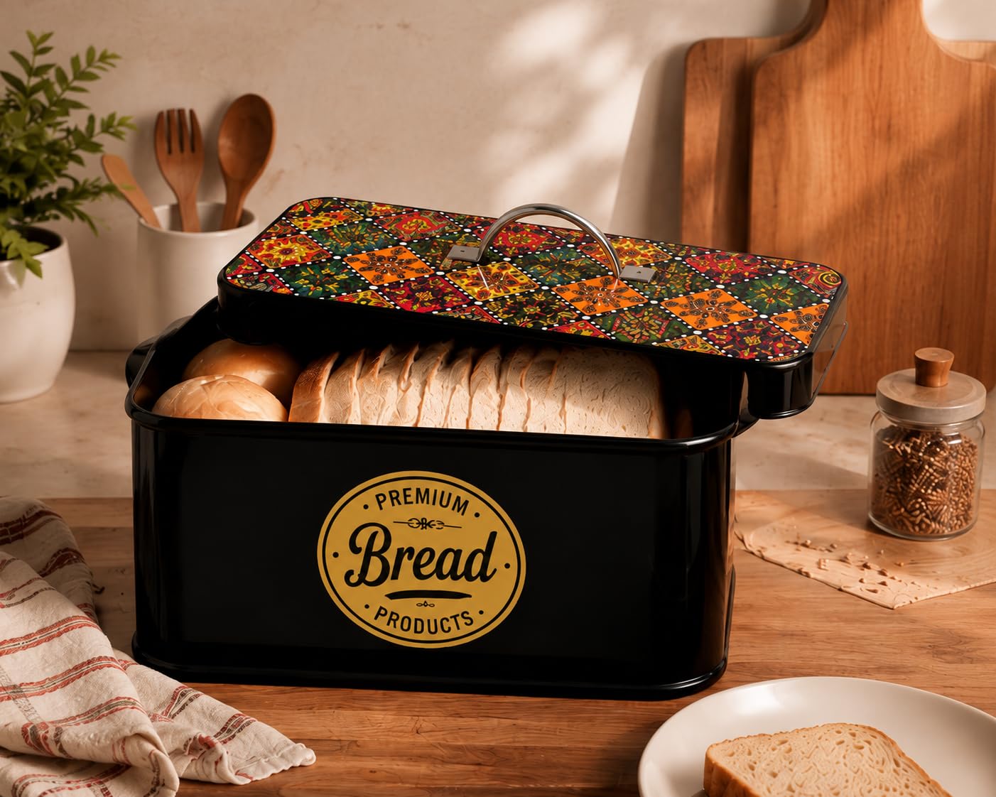 Premium Metal Bread Box with Lid & Handle | Vintage Kitchen Bread Storage Container | Large Bread Bin for Bread, Buns & Bakery Items | Decorative Countertop Storage Box | Black-image-24