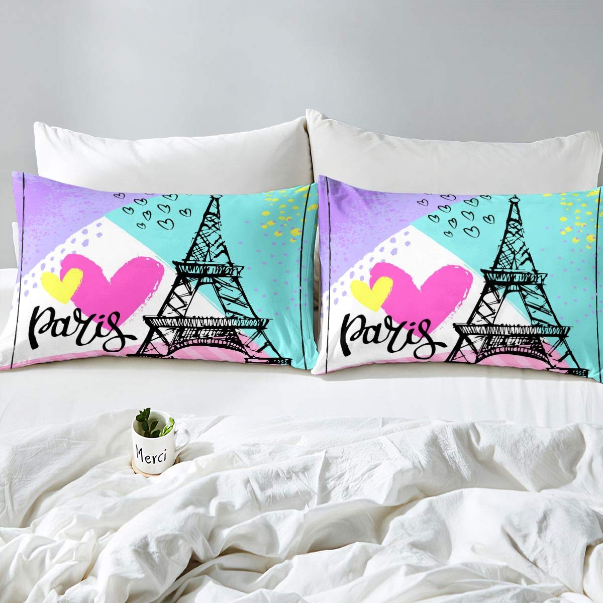 Set Copriletto Trapuntato Motivo Torre Eiffel E Cuori - King Size, Microfibra Poliestere, 2 Federe, Decorazione Camera