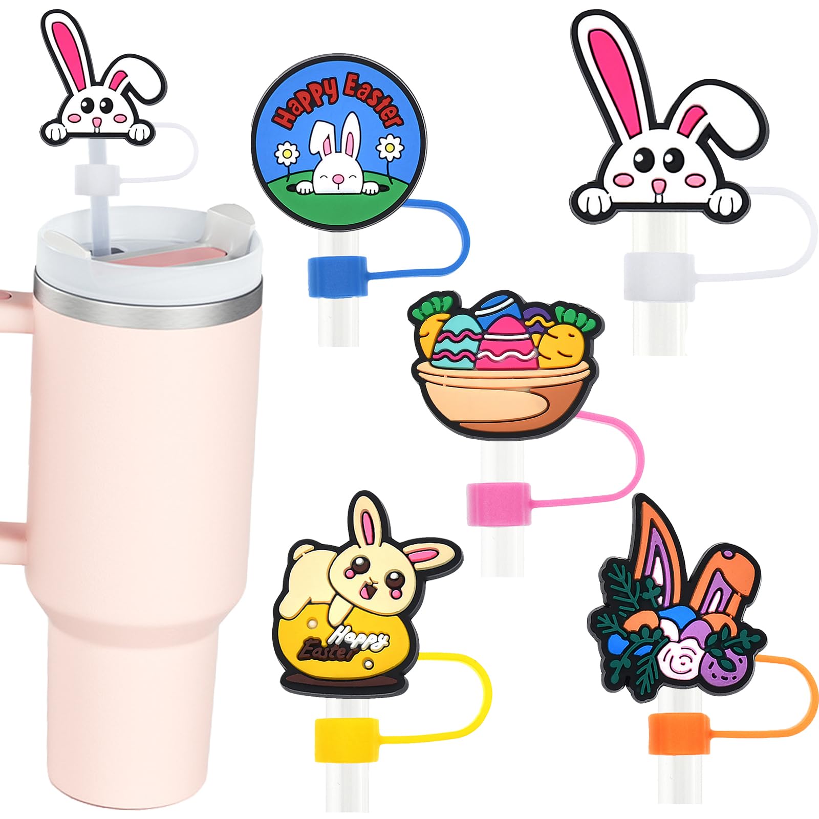 Easter Straw Cover Cap for Stanley Cup, 5PCS Straw Topper for Tumblers Compatible with Stanley 40&30 Oz Cup, Food Grade Easter Straw Covers Cap for Kids Party Favors