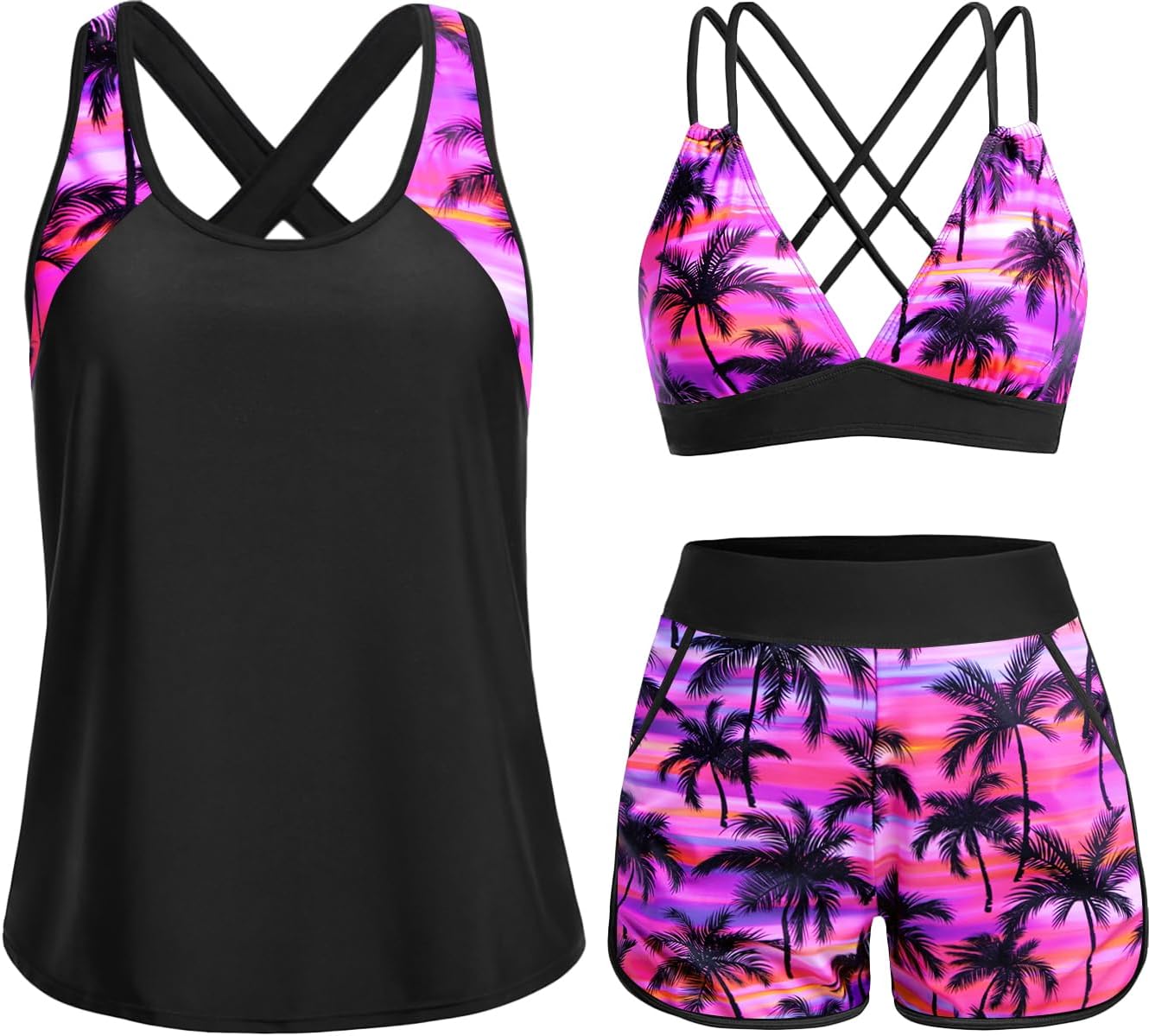 Daci Women 3 Piece Tankini Swimsuits - Tummy Control Tank Top with Bra Modest Bathing Suit with Pockets Boyshorts Bottom 2026