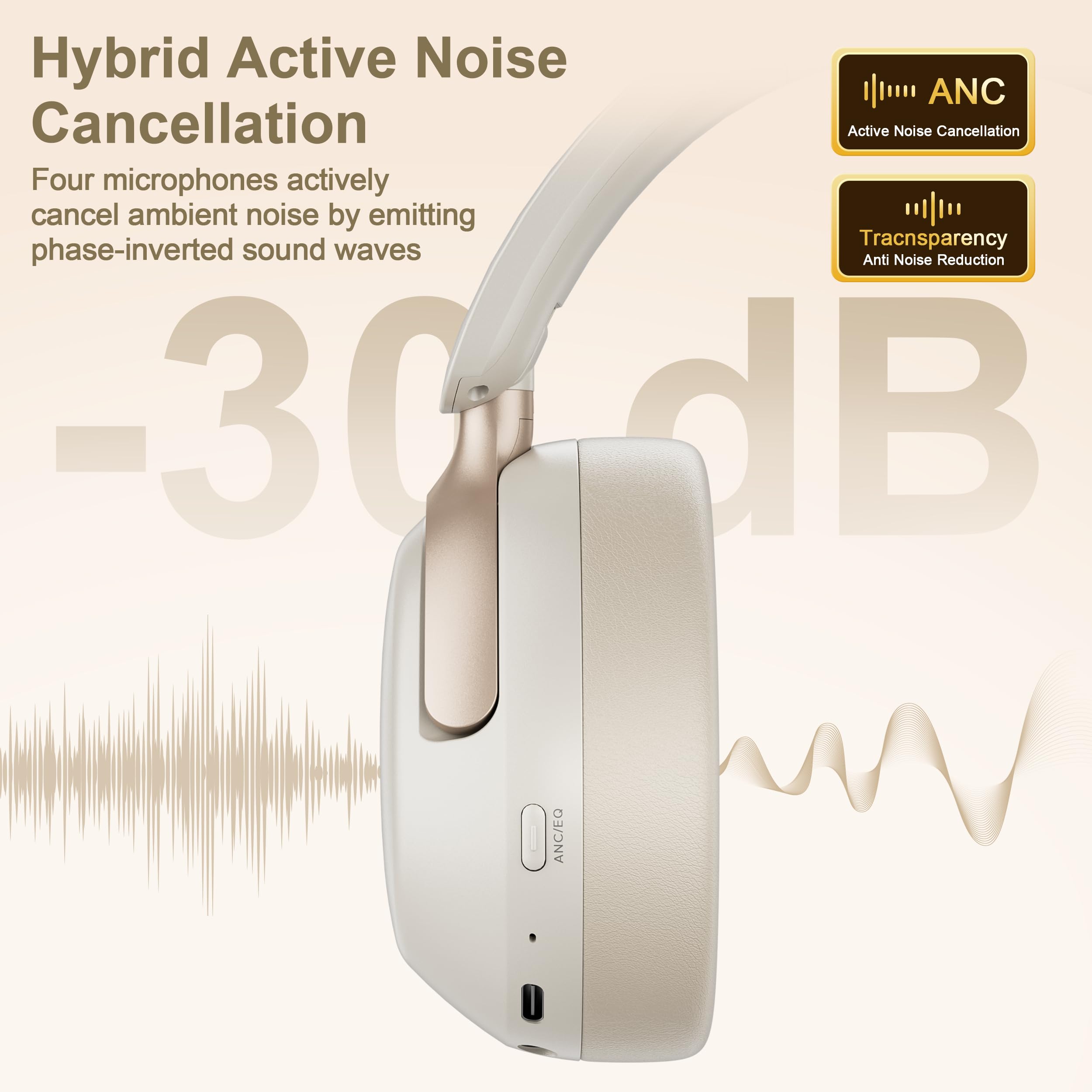 LORELEI QC30 - Cuffie ibride con cancellazione attiva del rumore, Bluetooth wireless over-ear, pelle proteica beige, controllo attivo del rumore e modalità trasparenza, bassi profondi, microfono