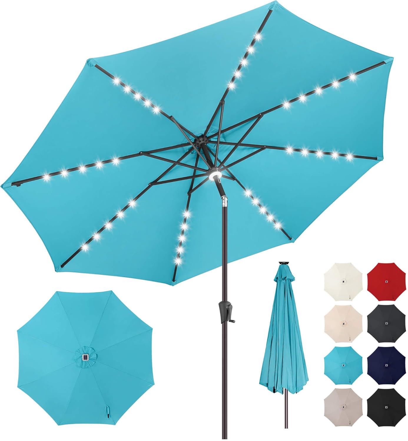 7.5ft Solar Umbrella Outdoor - Lighted Solar Patio Umbrella with 24 LED Lights Waterprool UV Protection, Table Umbrella with Tilt for Pool, Porch, Garden, Deck, Backyard (Aqua Blue)