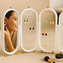 Porta Joias Branco Compacto e Portátil com 153 Furos Para Brincos, 21 Slots Para Colares, Presente Feminino, Porta Joias Organizadora Com Espelho Interno, Acabamento Moderno e Versátil