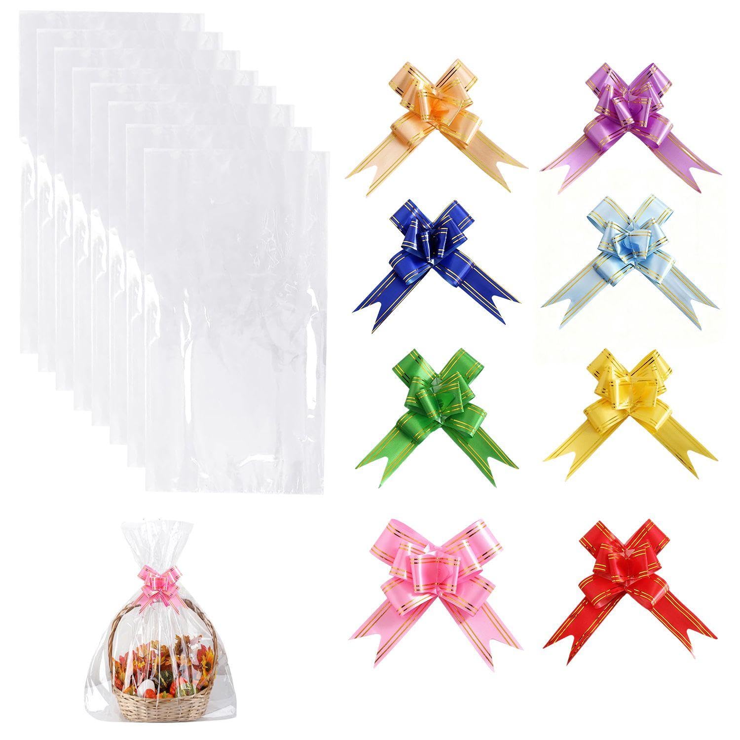 GDFHBD 8 Transparent Bags And 8 Bows, Flower And Fruit Basket Packaging Bags, Transparent Cellophane Bags, Suitable For Bread, Baking Cookies, Party Gift Packaging.