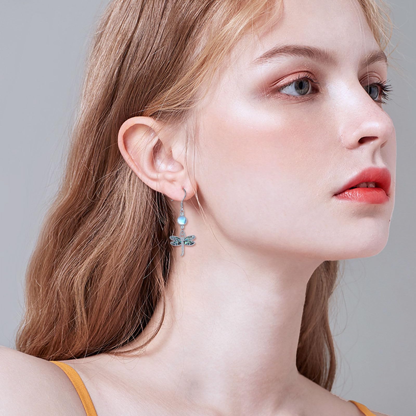 Pendientes de libélula AXELUNA de plata de ley 925 con piedra lunar para mujer, aretes colgantes de libélula estilo boho para mujer