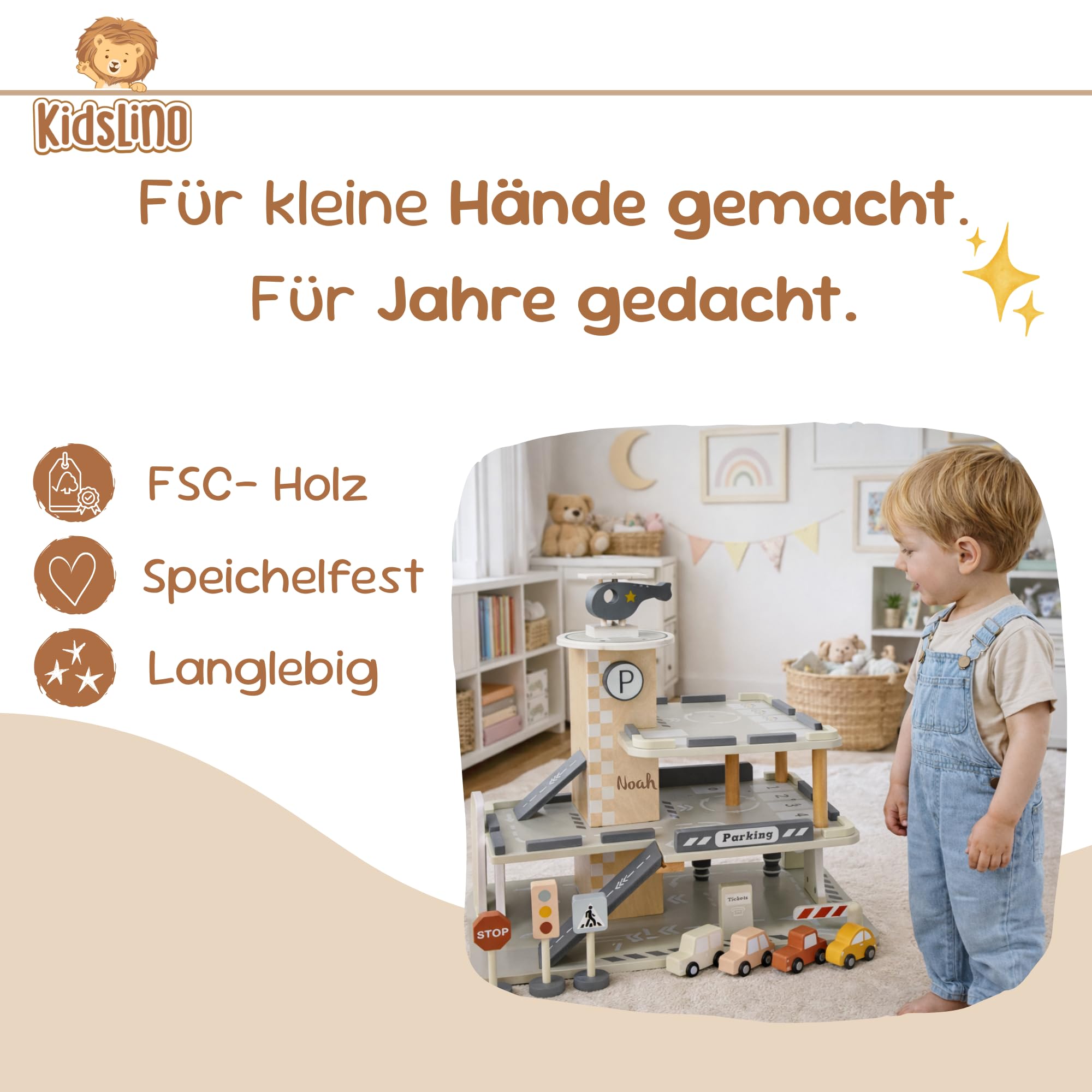 Personnalisable Garage de stationnement en Bois – avec Niveaux et Accessoires, favorise Le Jeu de rôle et la créativité – pour Enfants dès 3 Ans – personnalisé avec Le prénom – Tryco
