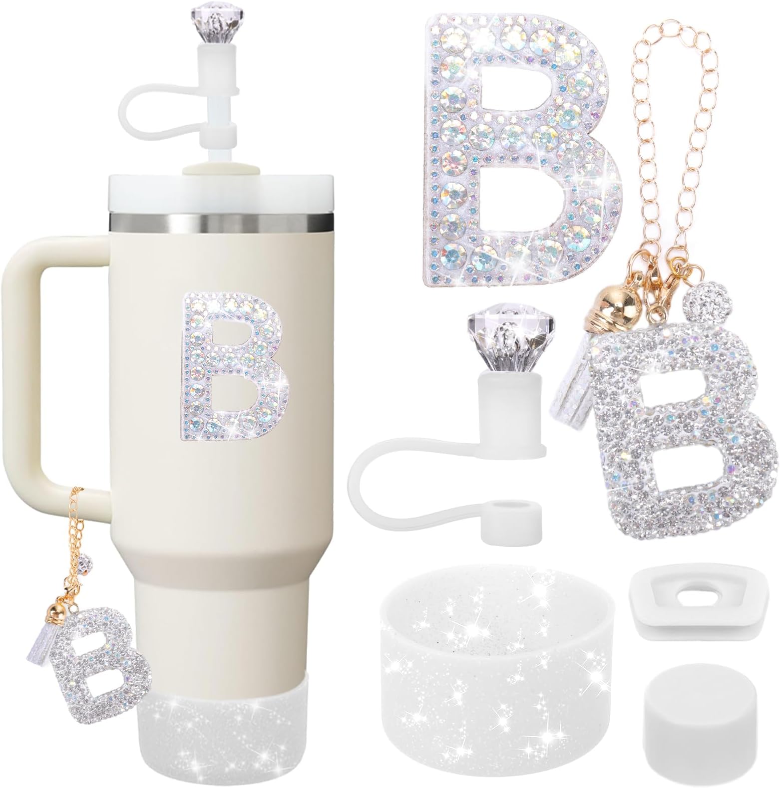 Mity rain Accessories Set for Stanley Cup, Initials Decorations for Tumbler Cup 30/40OZ, Including Diamond Straw Topper/Spill Proof Stopper/Sparkly Silicone Boot Set/Letter Charms for Handle A-Z (B)