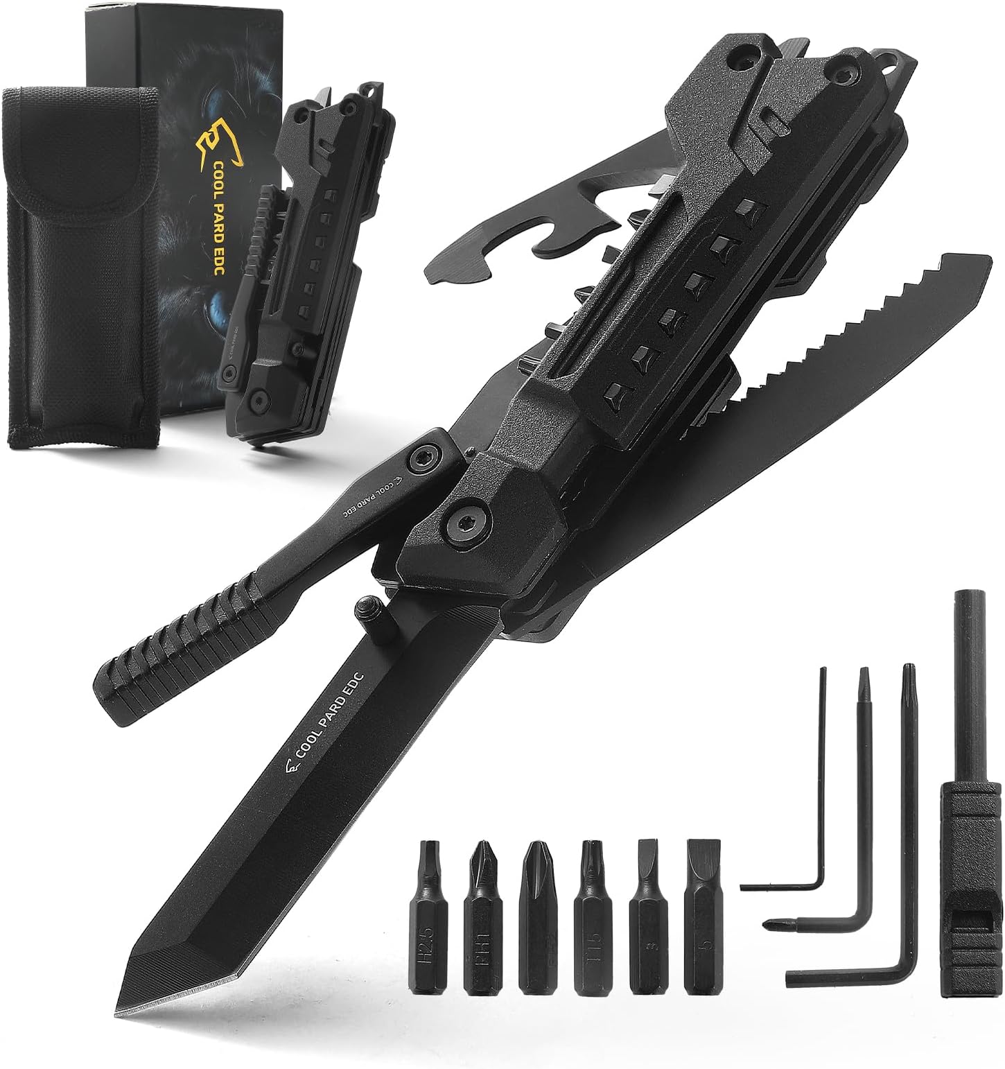 Multitool Knife，17 in 1 Multi Tool Knife,Gifts for Men,Multitool Pocket Knife with Fire Starting Sticks,Bottle Opener,Whistle,Glass Breaker，Perfect for Outdoor,Camping, Survival, Repair