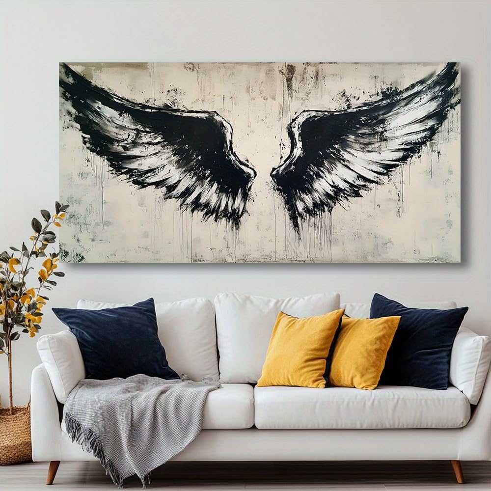 IHHGNB Black Wings Canvas Wall Art, Modern Abstract Print Artwork, Contemporary Picture Canvas Painting Wall Decoration(20x40cm(8x16in)/No frame)