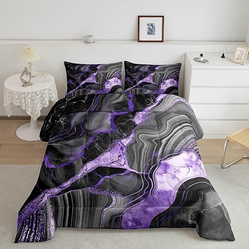 Juego de edredón de mármol negro y gris, tamaño King, ropa de cama con estampado de grietas de mármol morado para mujer, juegos de edredón de