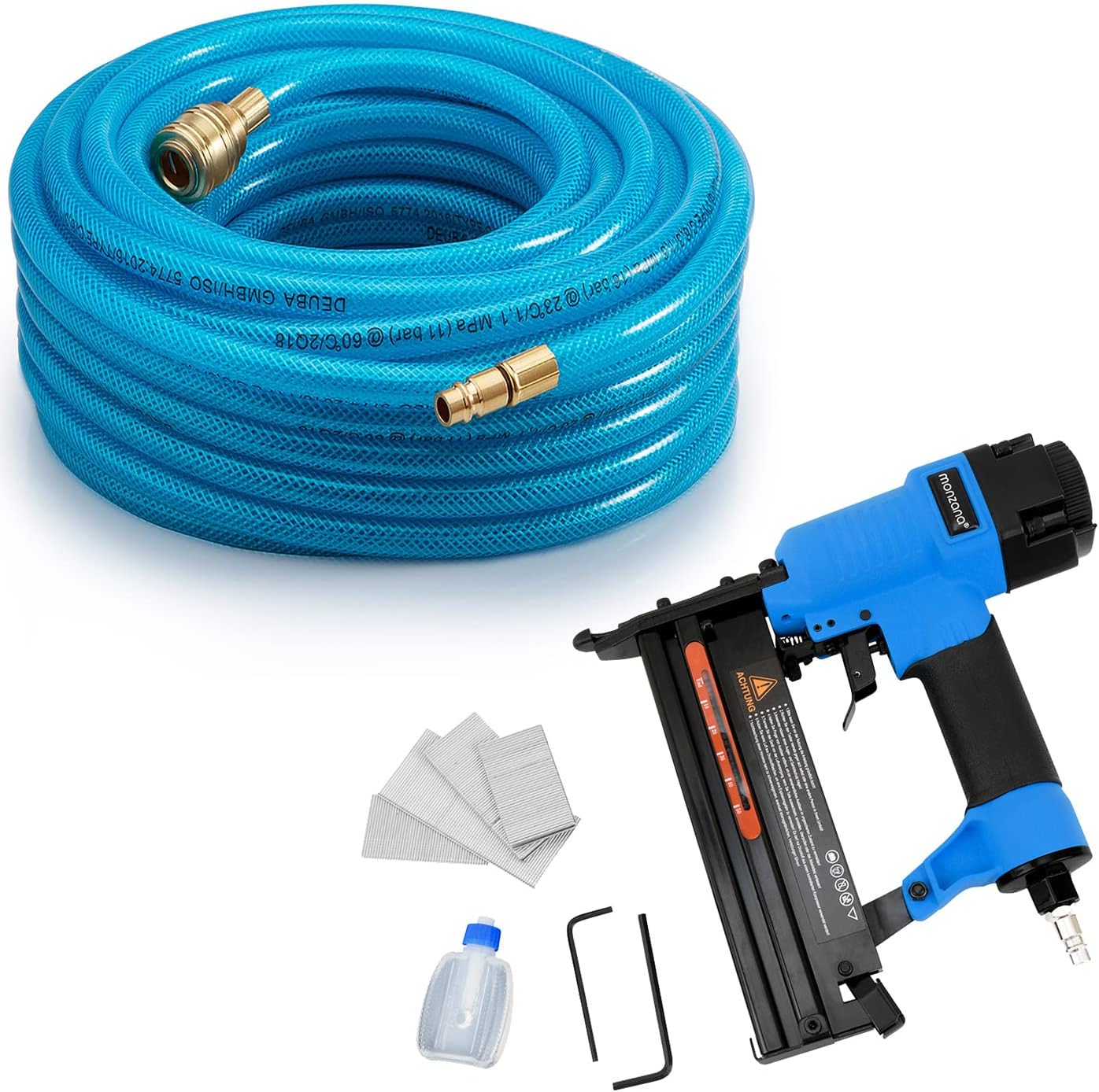 MONZANA® 2in1 Pneumatic Brad Nailer Stapler Kit & 20m PVC Air Line Hose Compressed Air Powered