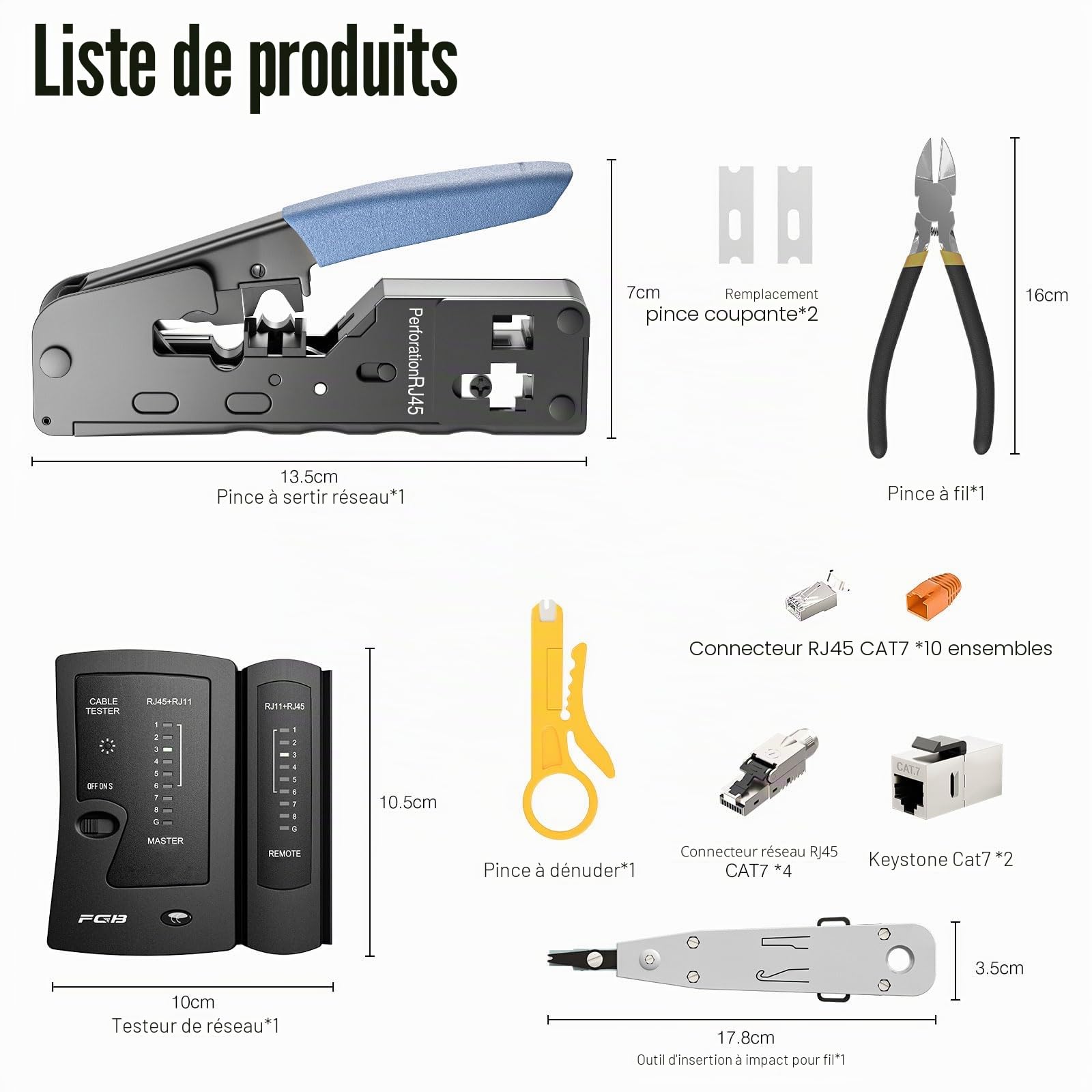 FGB Kit d'outils réseau Pass Through RJ45 Pince à sertir RJ45/RJ11/RJ12 | Pince à sertir RJ45 avec 4 fiches réseau Cat7 sans outil, 10 fiches LAN, 2 clés Keystone Cat7, outils de pose LSA
