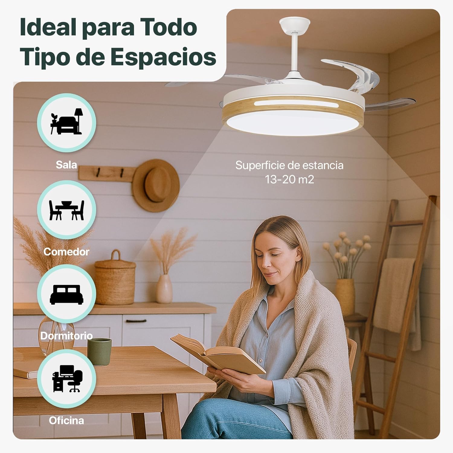 Ventilador de Techo LED con Aspas Retráctiles, Silencioso con Mando a Distancia motor DC 30W+Luz Led 54W, 6 velocidades con Memoria de la luz (Madera)