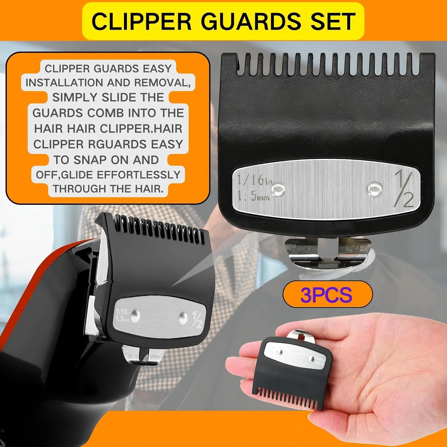 3 Pack Replacement Fit for Wahl Clipper Guards Set Compatible with 1/2 clipper guards, 1 clipper guards, Metal Guide Comb Attachment 1/16"(1.5 mm), 1/8" (3.0 mm), for Barbers and Stylists, Black