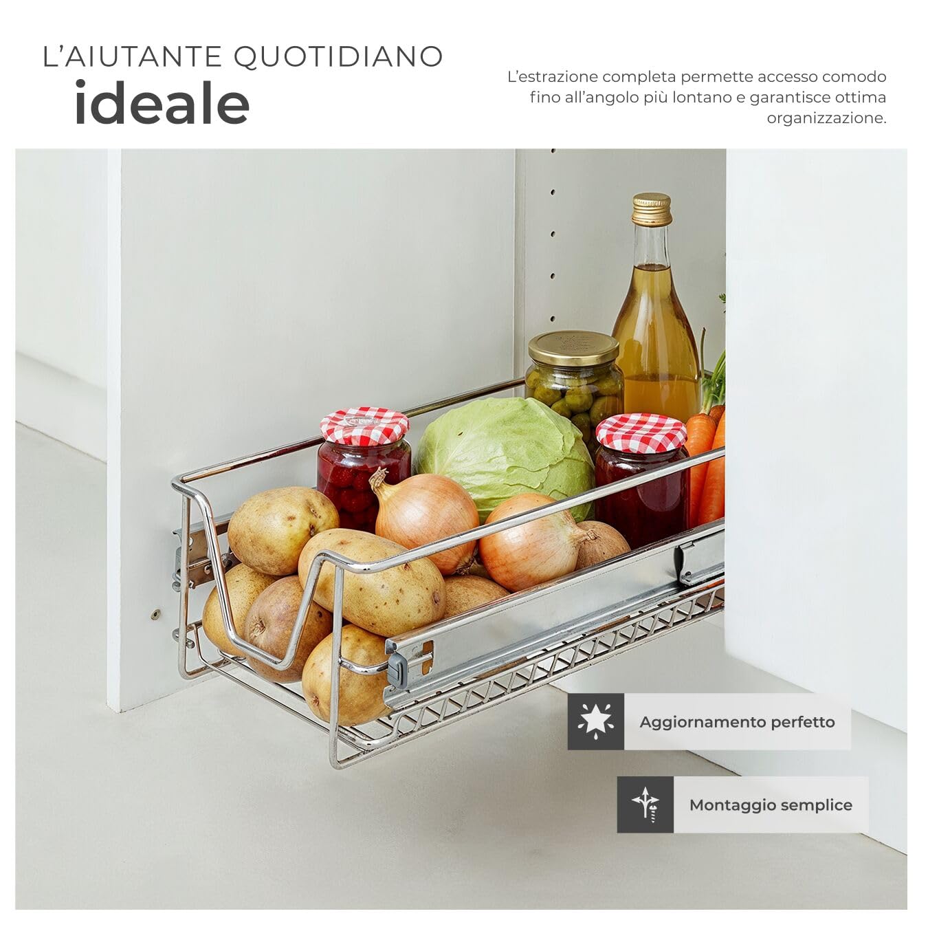 tectake® Cassetto Telescopico - 1 x 60 cm - Cassetto Estraibile per Cucina, Ripiano Scorrevole, Binario Telescopico, Organizer Cromato per Mobile da Cucina, Cassettiera Salvaspazio
