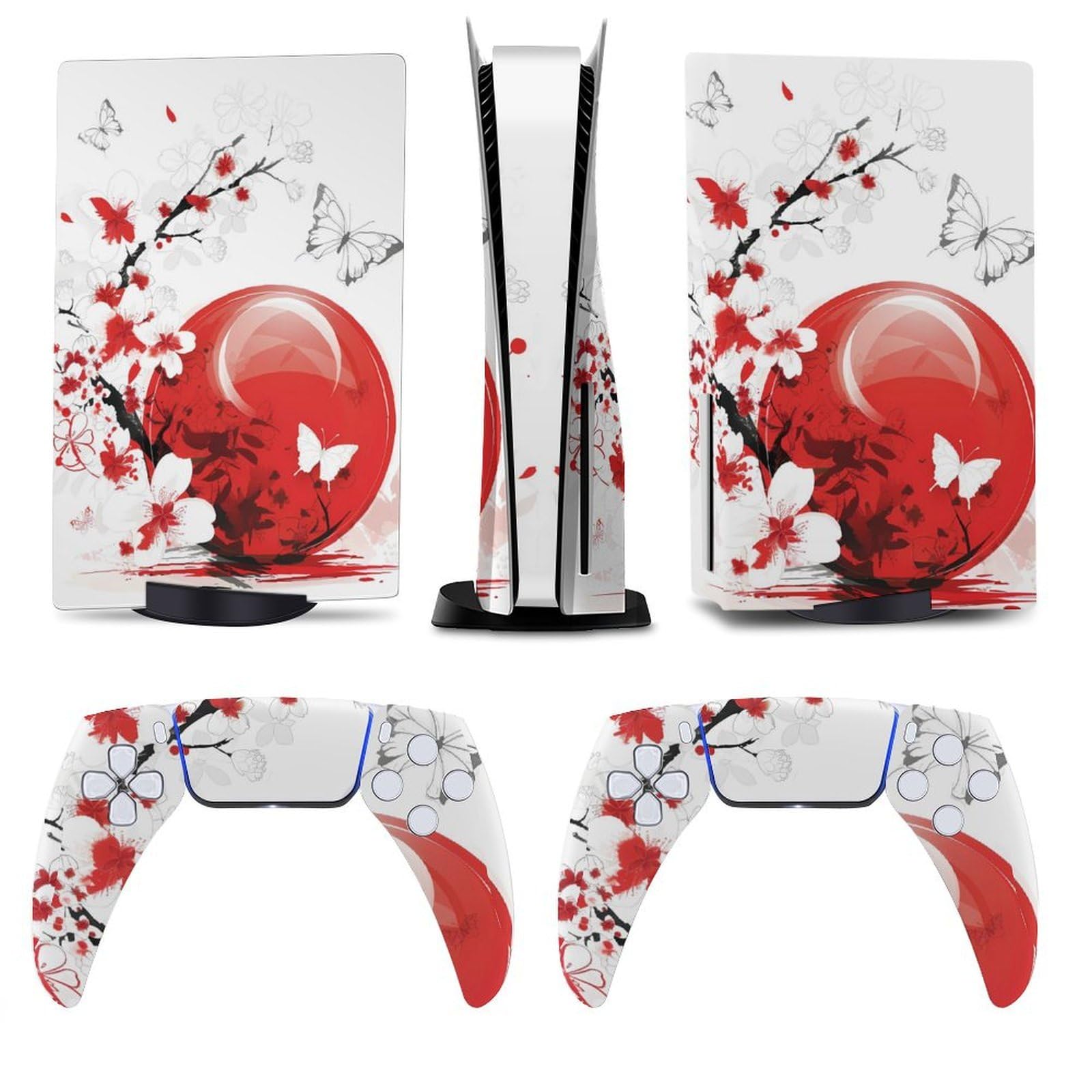 Cherry Blossom PS5 Skin Konsole und Controller Zubehör Cover Skins Anime Vinyl Cover Aufkleber Full Set für Playstation 5 Disc Edition