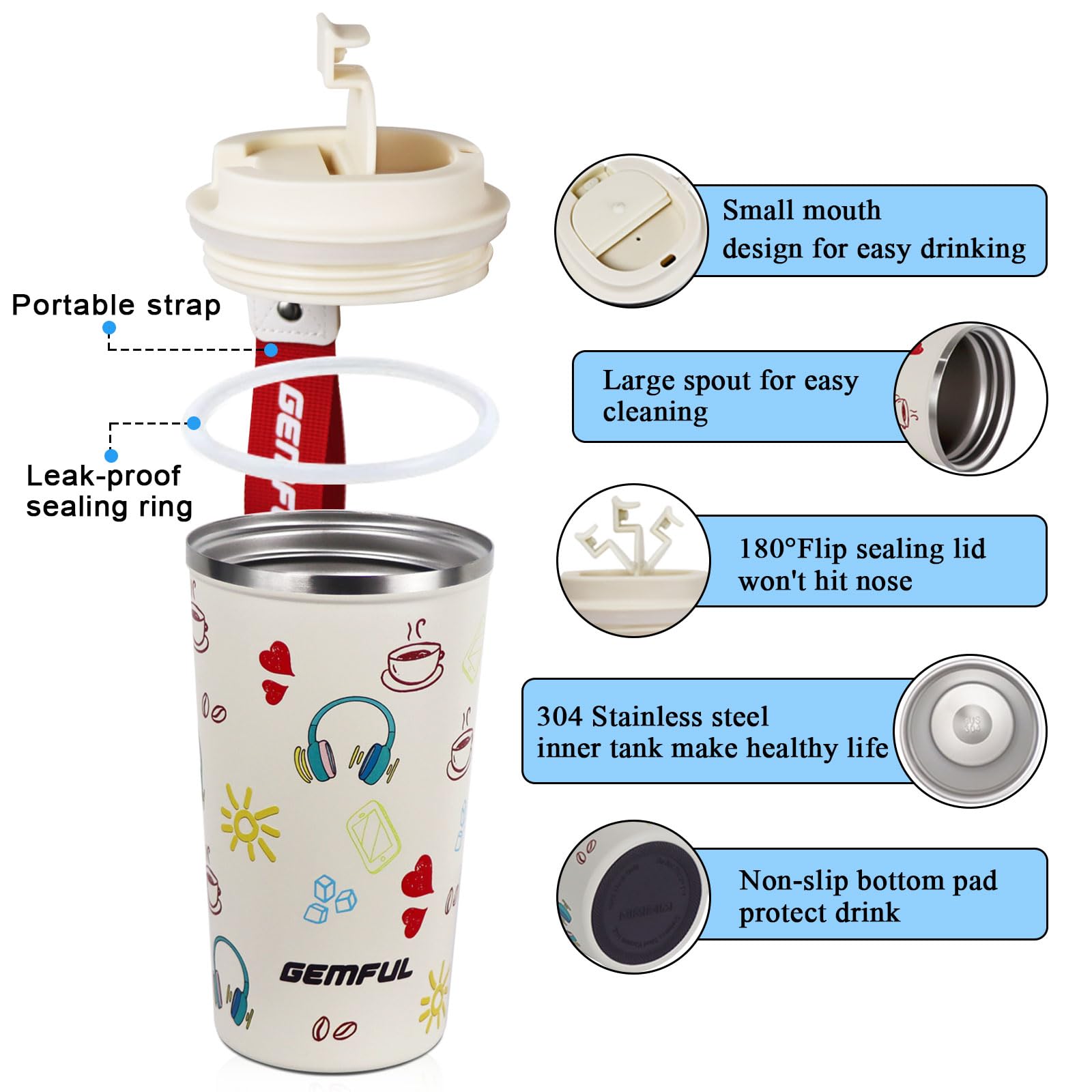 GEMFUL 510ml Insulated Travel Mug, Stainless Steel Double Wall Coffee Mug - Leak Proof Thermos for Hot & Cold Drinks (Cream) - Image 4