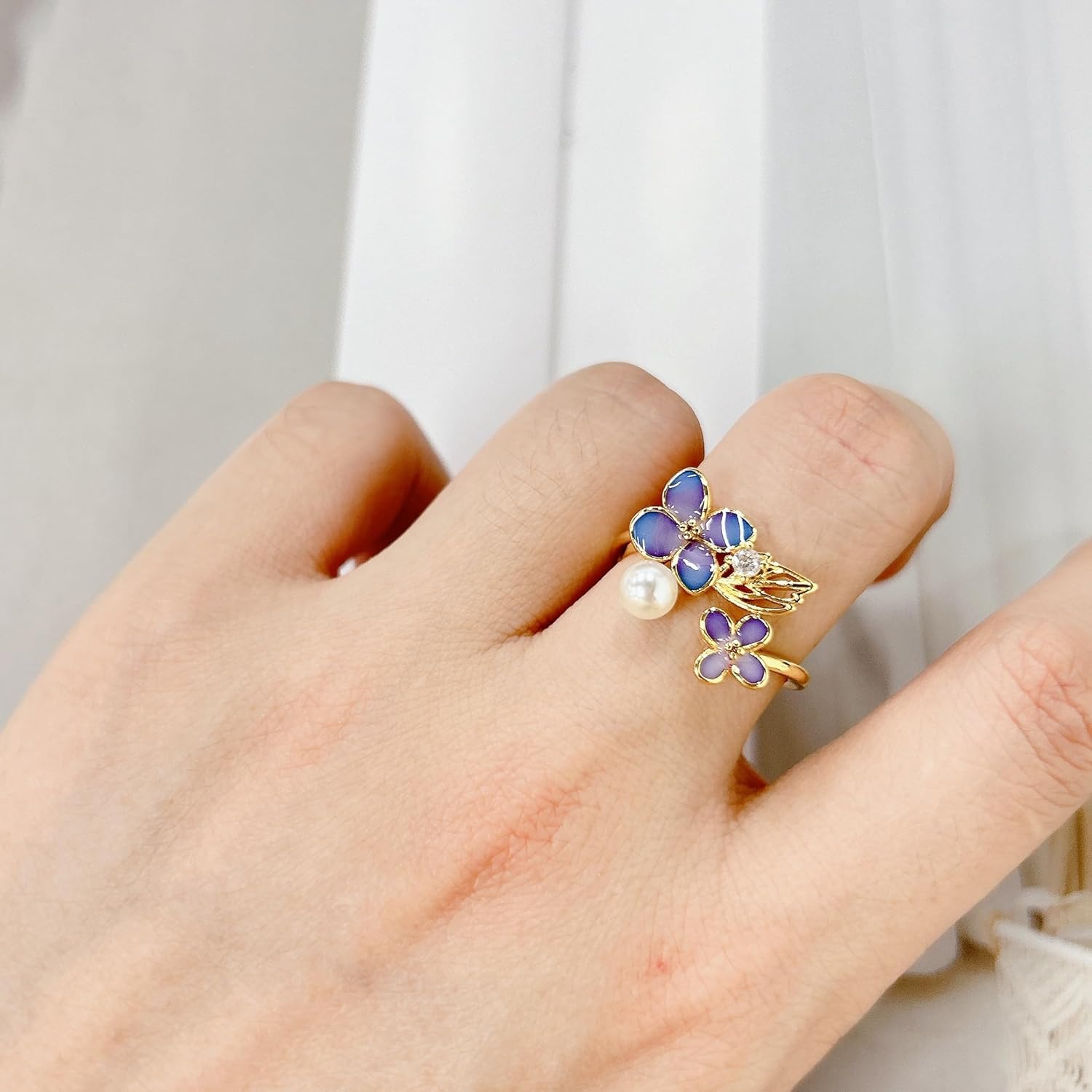 Dainty Wisteria Flower Cubic Zirconia Pearl Open Statement Ring for Women Fashion Chic Purple Enamel Floral Leaf Plants Wrap Band Finger Rings Adjustable Engagement Promise Wedding Comfort Fit Jewelry - Image 5