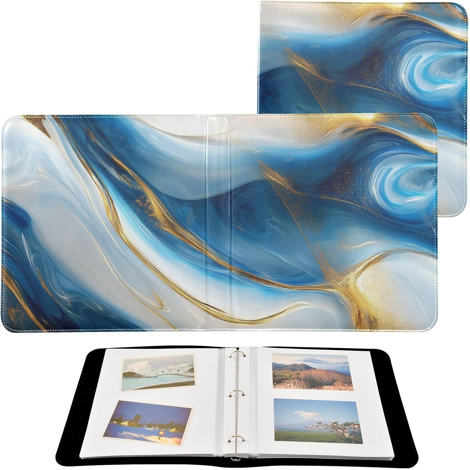 Large Photo Album, Blue Golden Marble Fluid (4) Personalized Leather Cover Photo Book for 4x6 5x7 6x8 Pictures, Photo Albums for Family, Baby, Wedding