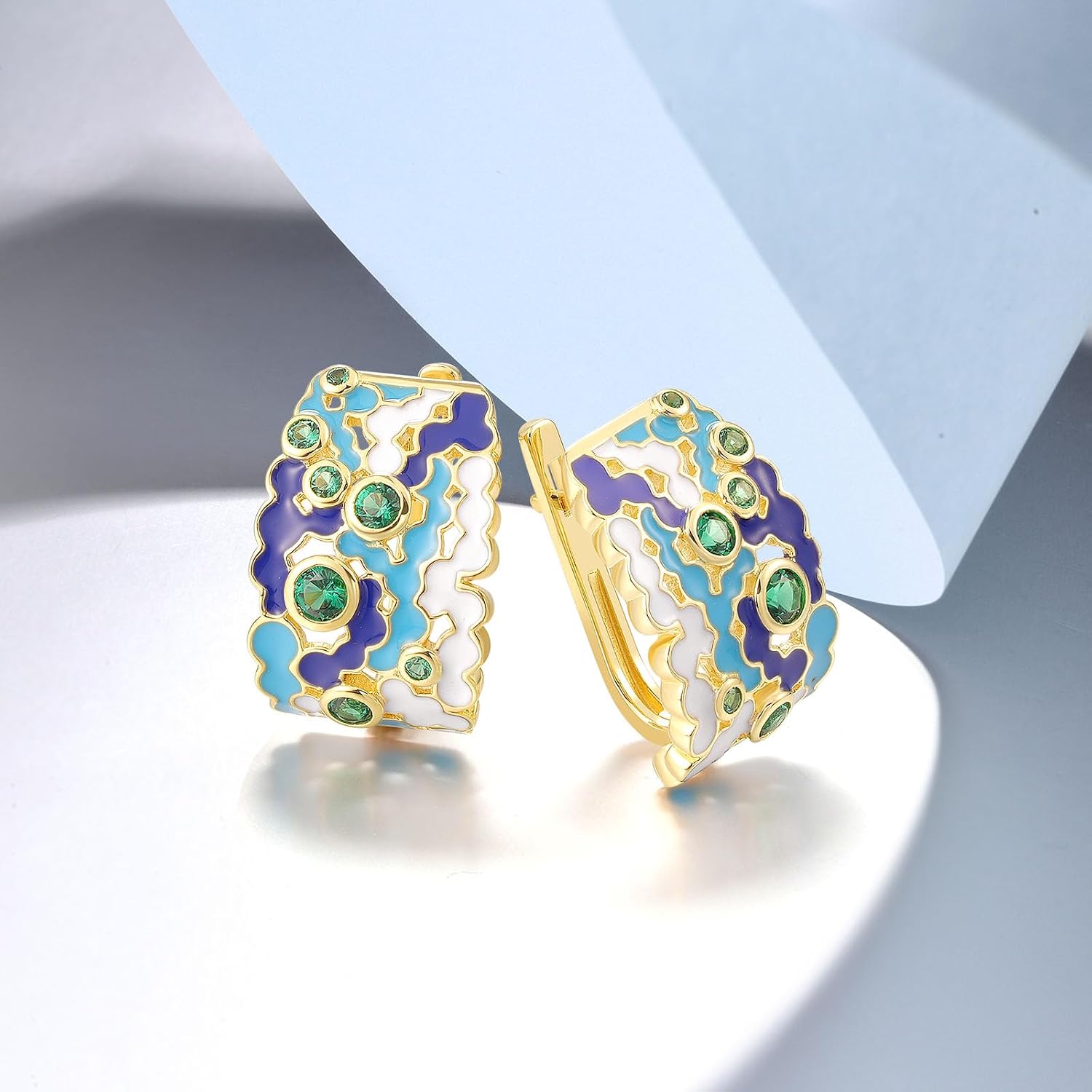 Santuzza 925 Sterling Silver Enamel Mosaic Pattern Cubic Zirconia Dangle Earrings