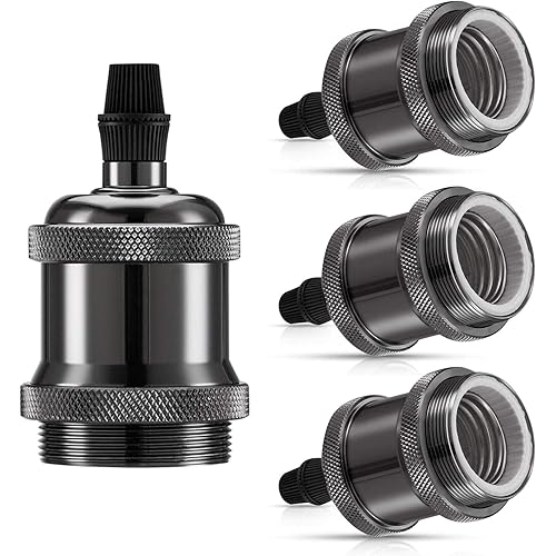 Licperron Industrial Pendant Light Socket, E26 Vintage Ceramics Lamp Socket 4 Pack, Bright Black Edison Hanging Light Holder for DIY Pendant Light Fixture